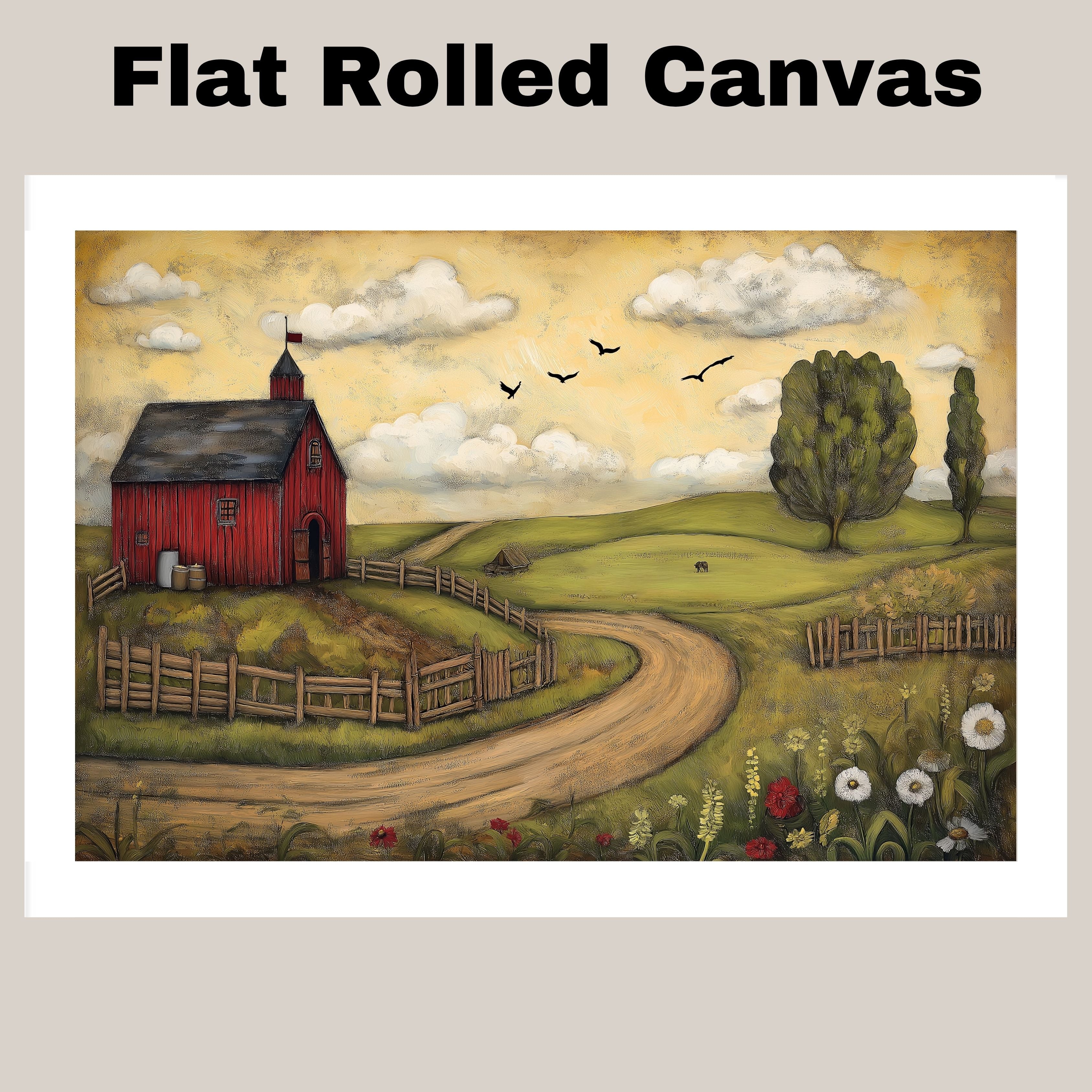 Country Farm Folk Art Print Featuring Red Barn and Rolling Hills Hand Drawn Rustic Landscape Illustration for Cozy Home Wall Decor or Unique Gift Idea on Ready to Hang 1.5" Thick Canvas Wrap, Floating Framed Canvas, Flat Rolled Canvas