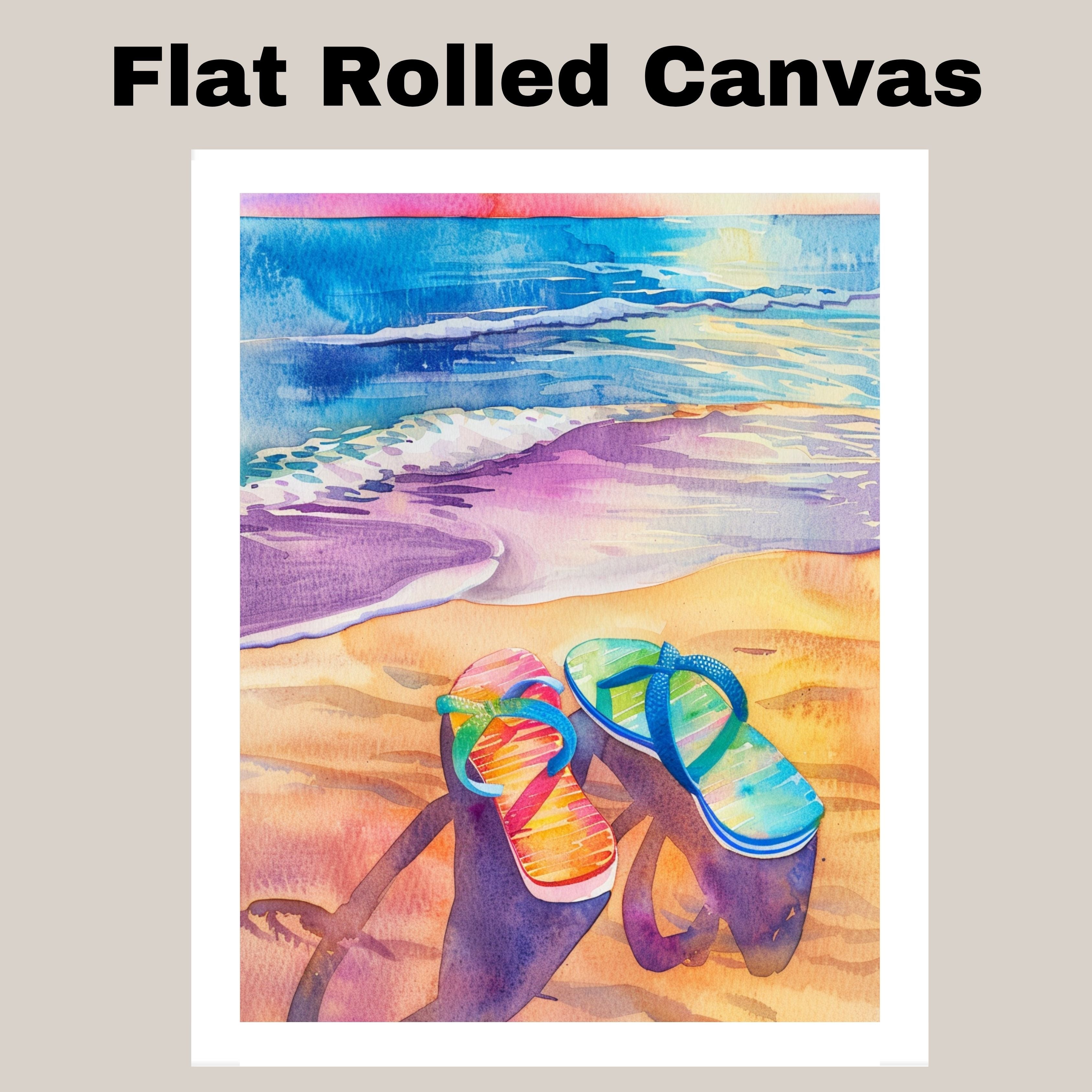 Colorful Flip-Flops on Sandy Beach Watercolor Painting with Ocean Waves and Sunset Sky in Vibrant Summer Style on Ready to Hang 1.5" Thick Canvas Wrap, Floating Framed Canvas, Flat Rolled Canvas