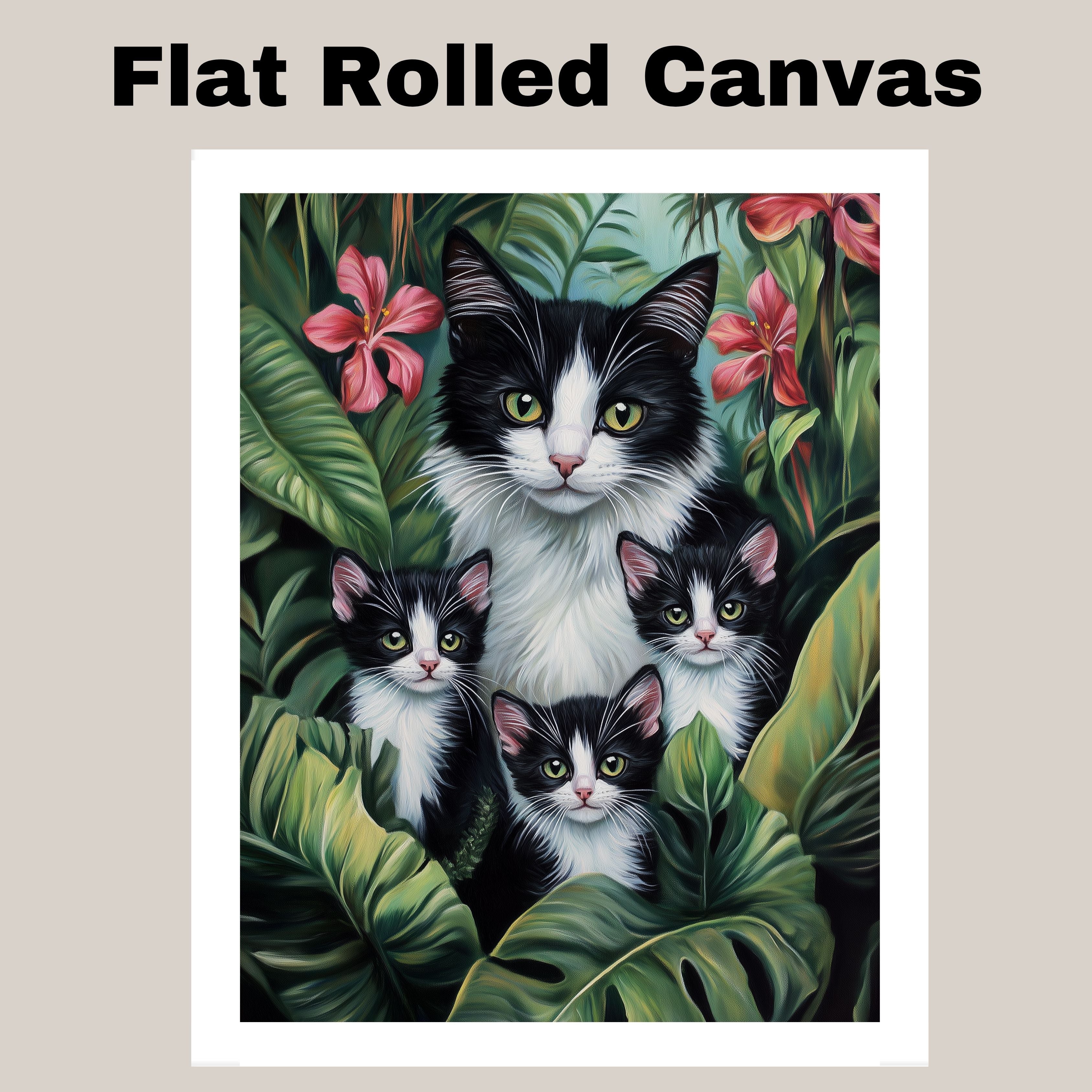 Paradise Paws: Tuxedo Mom and Three Kittens in a Tropical Forest on Ready to Hang 1.5" Thick Canvas Wrap, Floating Framed Canvas, Flat Rolled Canvas