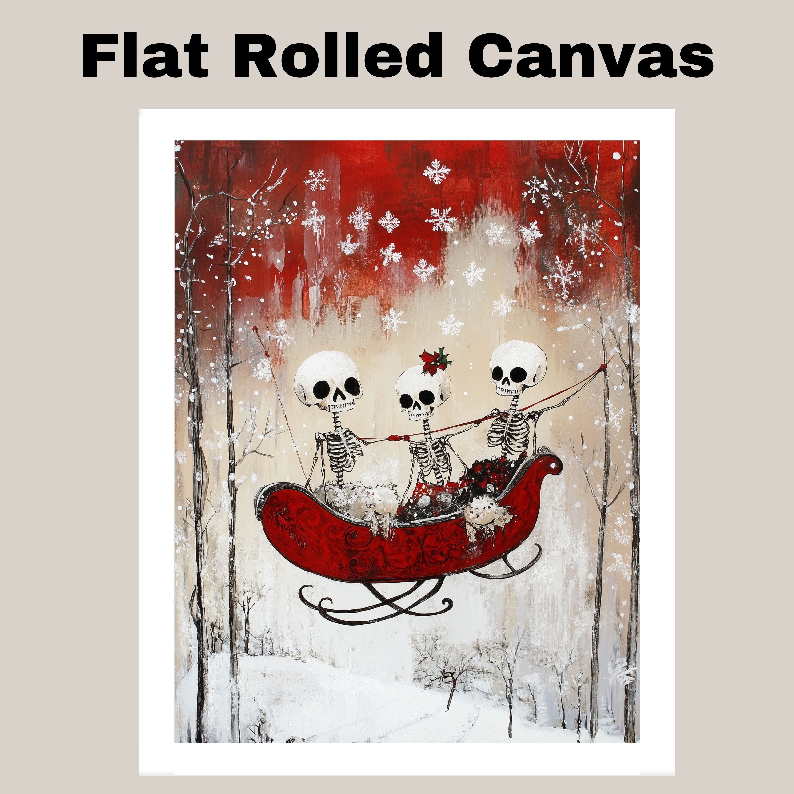 Whimsical Skeleton Sleigh Ride Christmas Art Print – Gothic Winter Wonderland Wall Decor with Skeleton Friends, Red Sleigh, Snowy Trees & Holiday Florals on Ready to Hang 1.5" Thick Canvas Wrap, Floating Framed Canvas, Flat Rolled Canvas