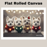 "Westie Winter Glow" - West Highland Terriers in Festive Sweaters and Christmas Lights on Snowy Background on Ready to Hang 1.5" Thick Canvas Wrap, Floating Framed Canvas, Flat Rolled Canvas