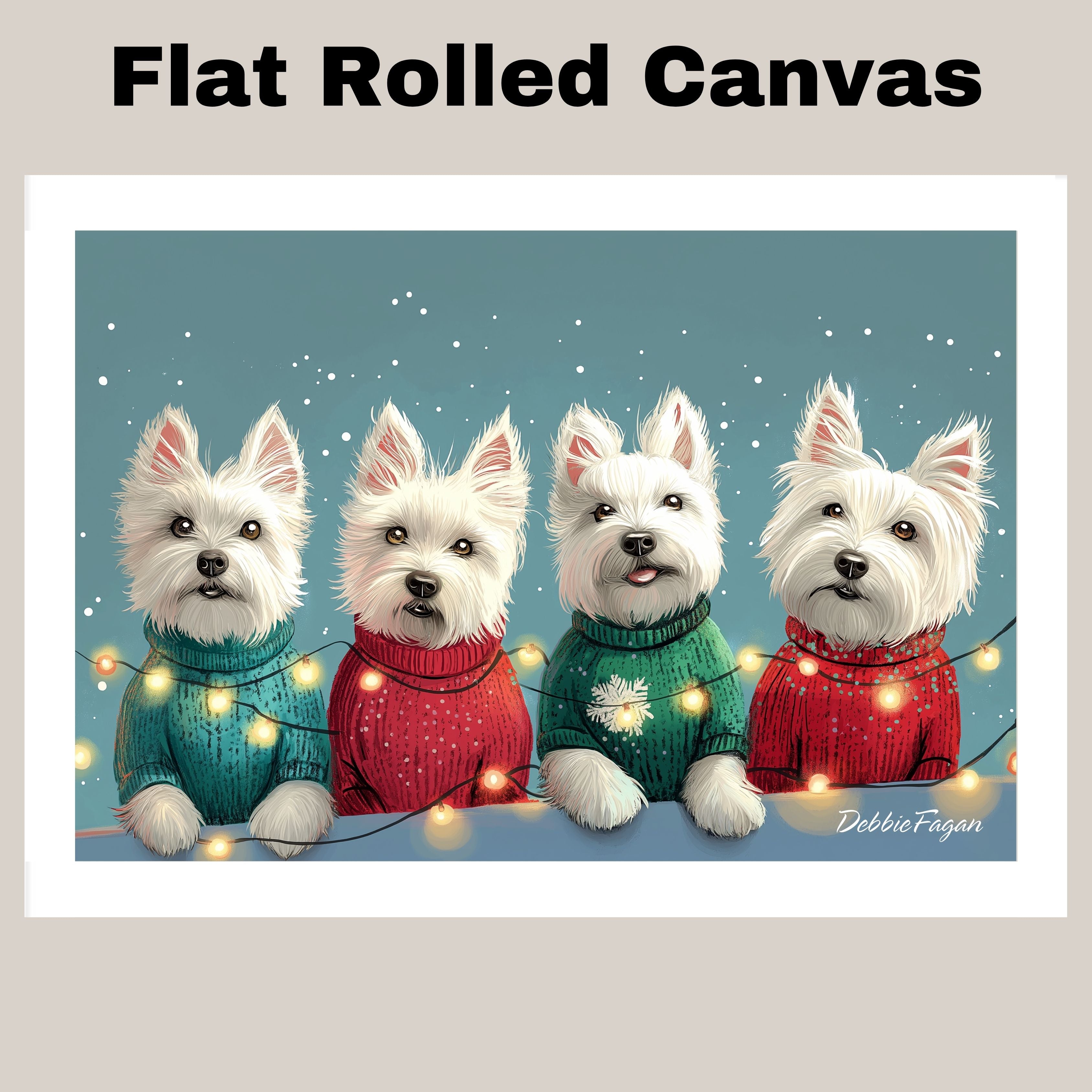 Dog Christmas Canvas  - "Westie Wonderland" - West Highland Terriers in Festive Sweaters Wrapped in Christmas Lights on Ready to Hang 1.5" Thick Canvas Wrap, Floating Framed Canvas, Flat Rolled Canvas