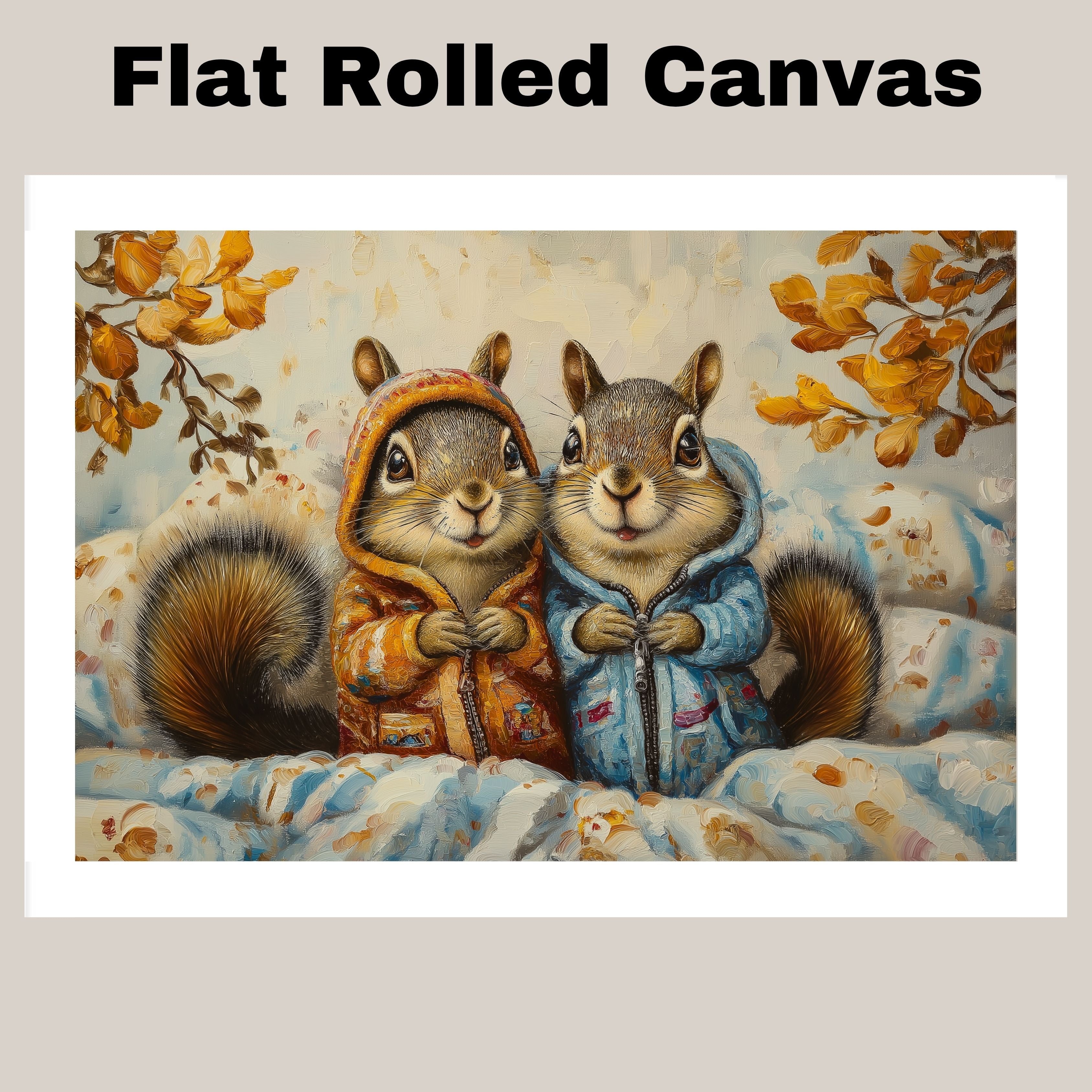 Charming Painting of Two Squirrels in Colorful Hoodies Sitting in a Cozy Autumn Setting Surrounded by Blankets and Golden Leaves with Whimsical Expressions on Ready to Hang 1.5" Thick Canvas Wrap, Floating Framed Canvas, Flat Rolled Canvas