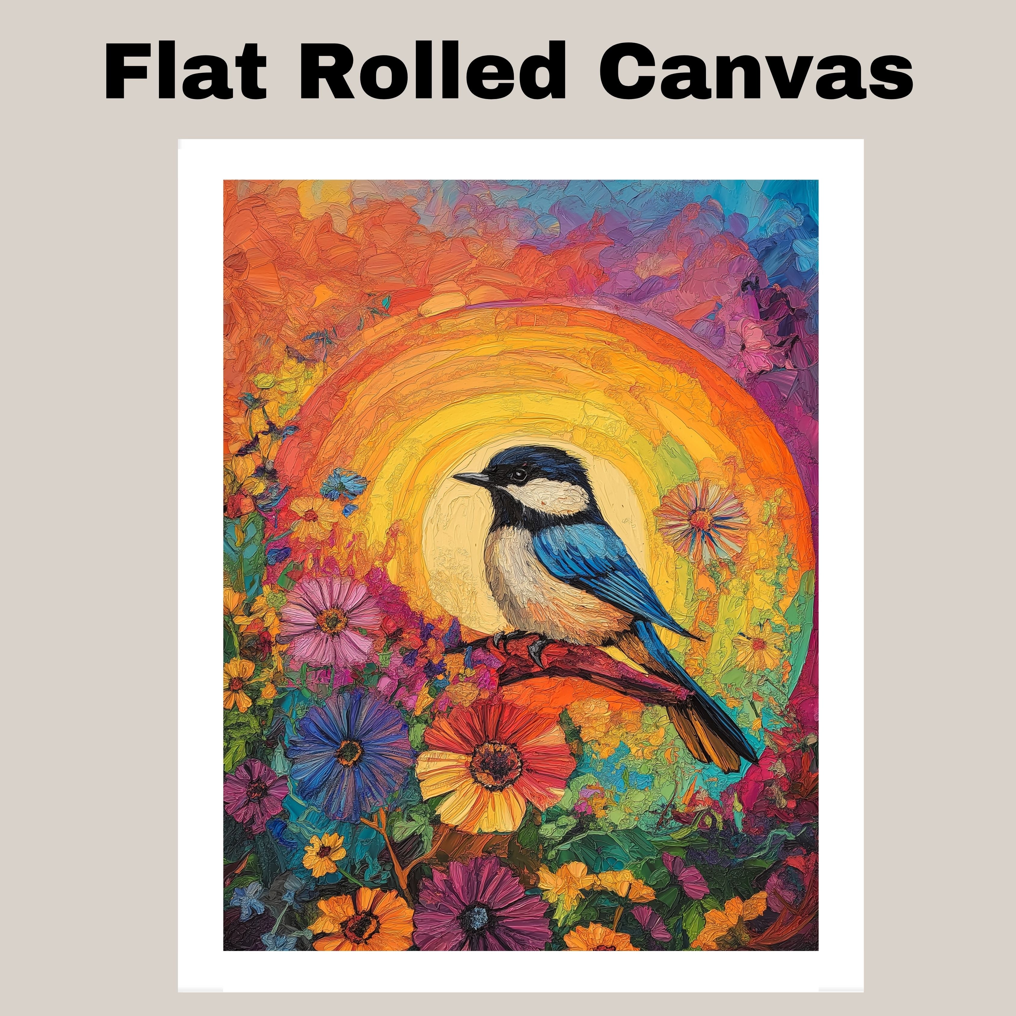 Chickadee Among Bright Wildflowers with Radiant Rainbow Sunburst Background on Ready to Hang 1.5" Thick Canvas Wrap, Floating Framed Canvas, Flat Rolled Canvas