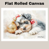 Schnauzer Christmas Canvas - "Holiday Slumber" - Adorable Puppy Snuggled Beside Festive Ornament on Ready to Hang 1.5" Thick Canvas Wrap, Floating Framed Canvas, Flat Rolled Canvas