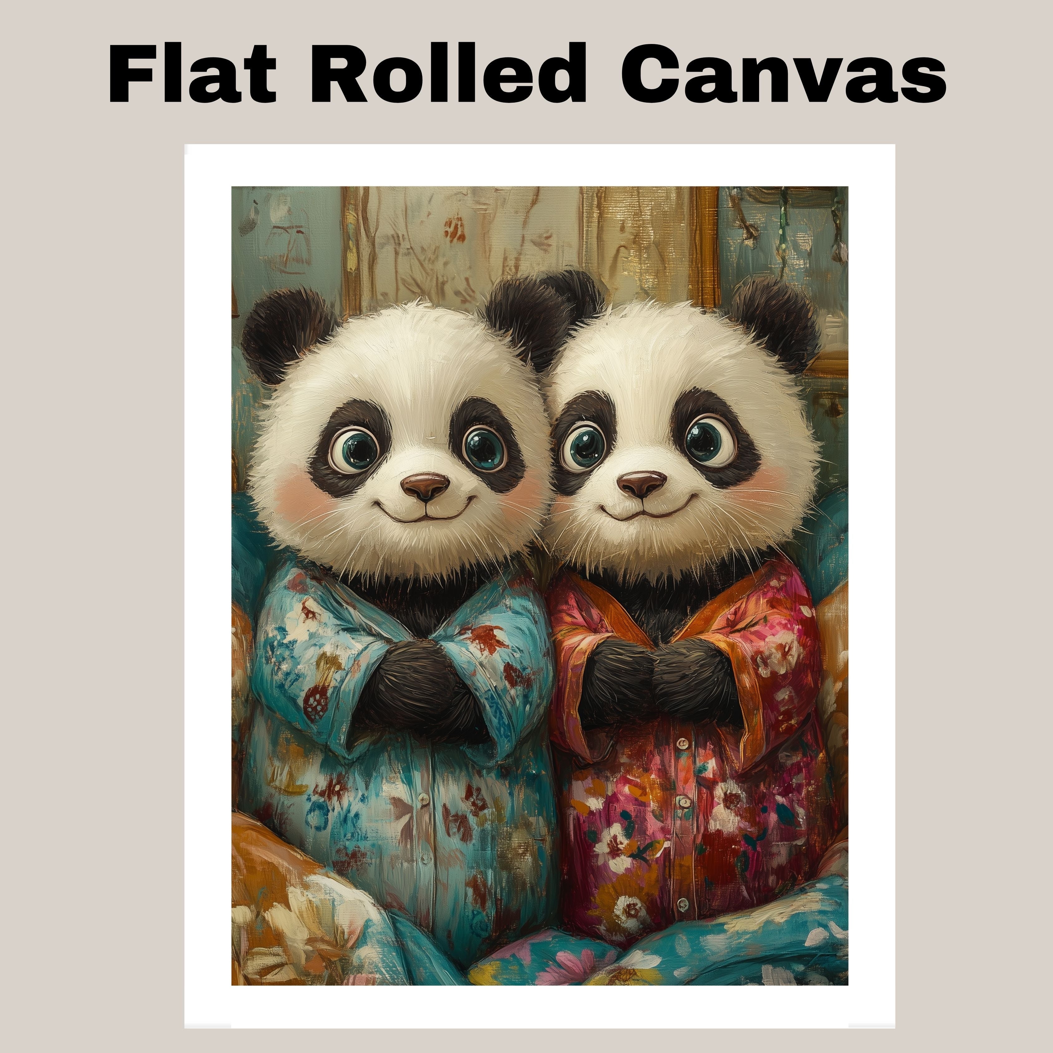 Adorable Painting of Two Happy Panda Bears in Floral Pajamas Sitting Together with Big Eyes and Gentle Smiles in a Soft Whimsical Style on Ready to Hang 1.5" Thick Canvas Wrap, Floating Framed Canvas, Flat Rolled Canvas