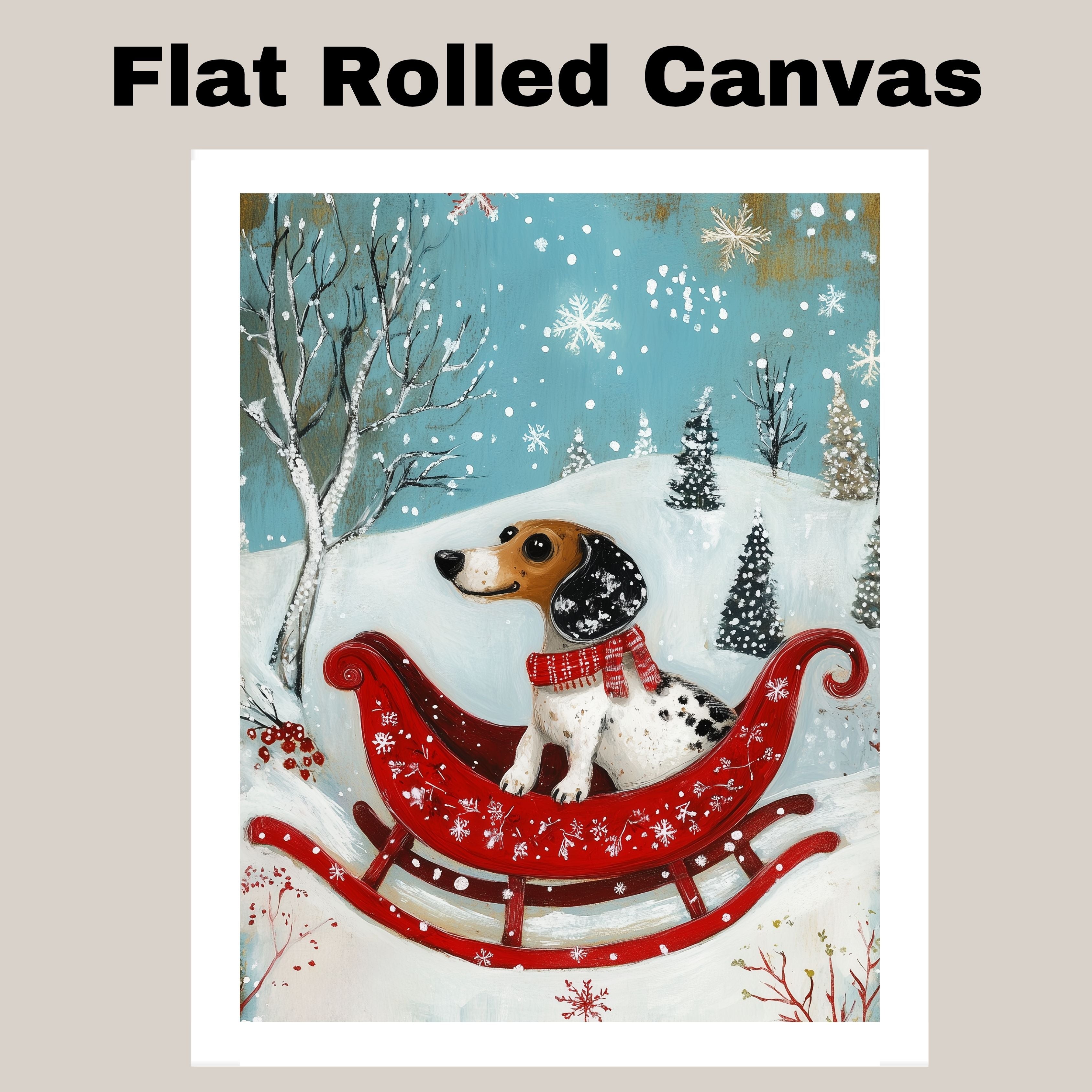 Dachshund in Red Sleigh Winter Forest Scene Whimsical Christmas Dog Wall Art, Holiday Pet Illustration, Cozy Festive Decor or Gift for Dog Lovers on Ready to Hang 1.5" Thick Canvas Wrap, Floating Framed Canvas, Flat Rolled Canvas