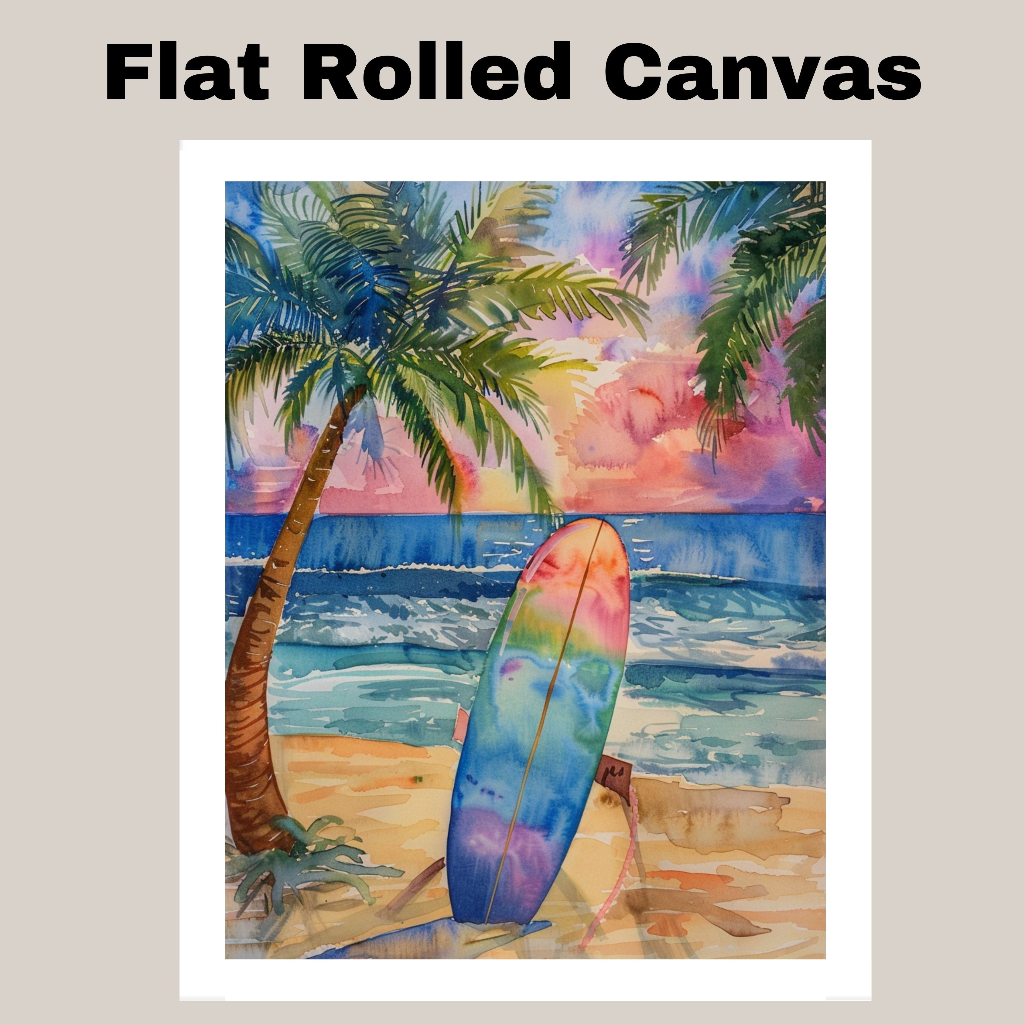 Watercolor Painting of a Colorful Surfboard on Beach at Sunset with Palm Trees on Ready to Hang 1.5" Thick Canvas Wrap, Floating Framed Canvas, Flat Rolled Canvas
