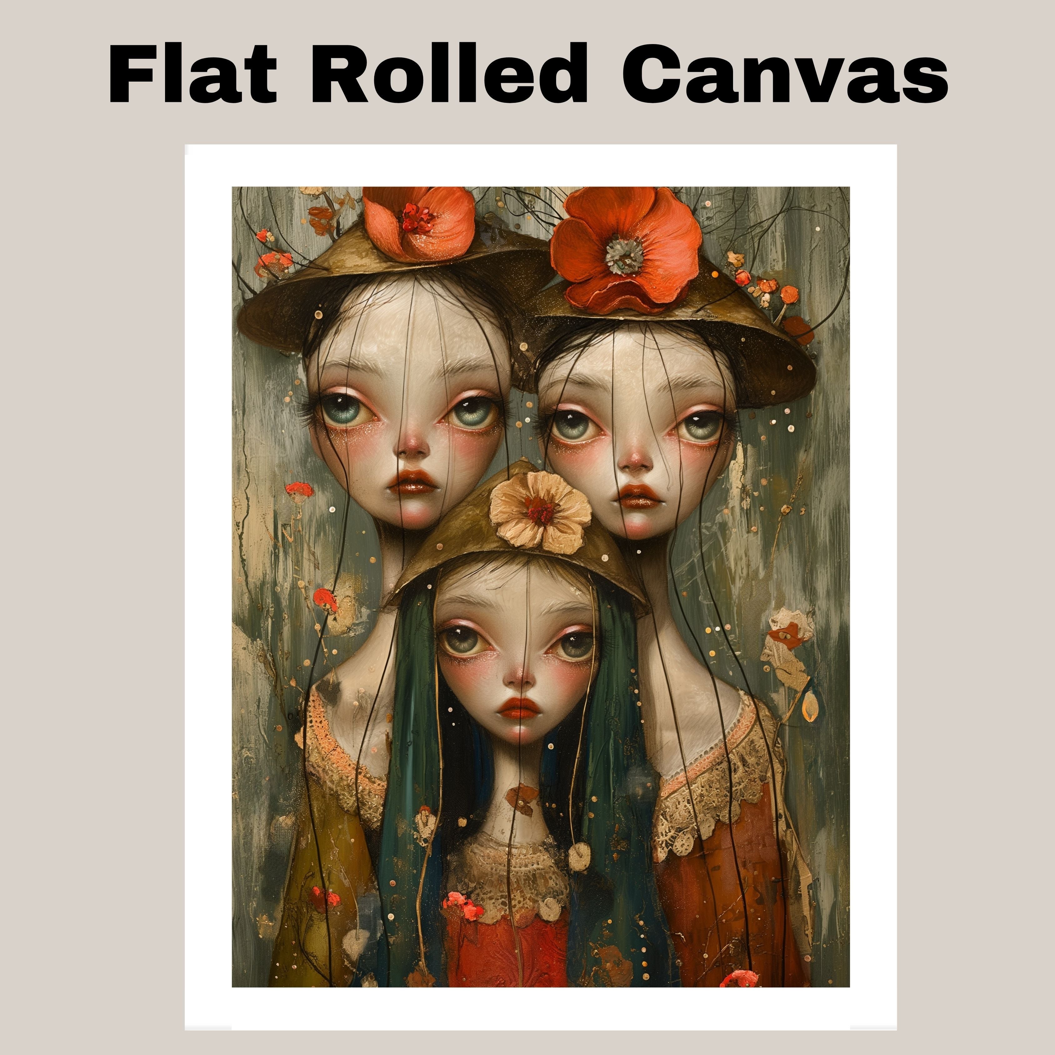 Dreamy Trio of Girls with Floral Hats Hand Painted Art Emotional and Delicate Perfect for Home Wall Decor Living Room Bedroom Office or Unique Gift Idea on Ready to Hang 1.5" Thick Canvas Wrap, Floating Framed Canvas, Flat Rolled Canvas