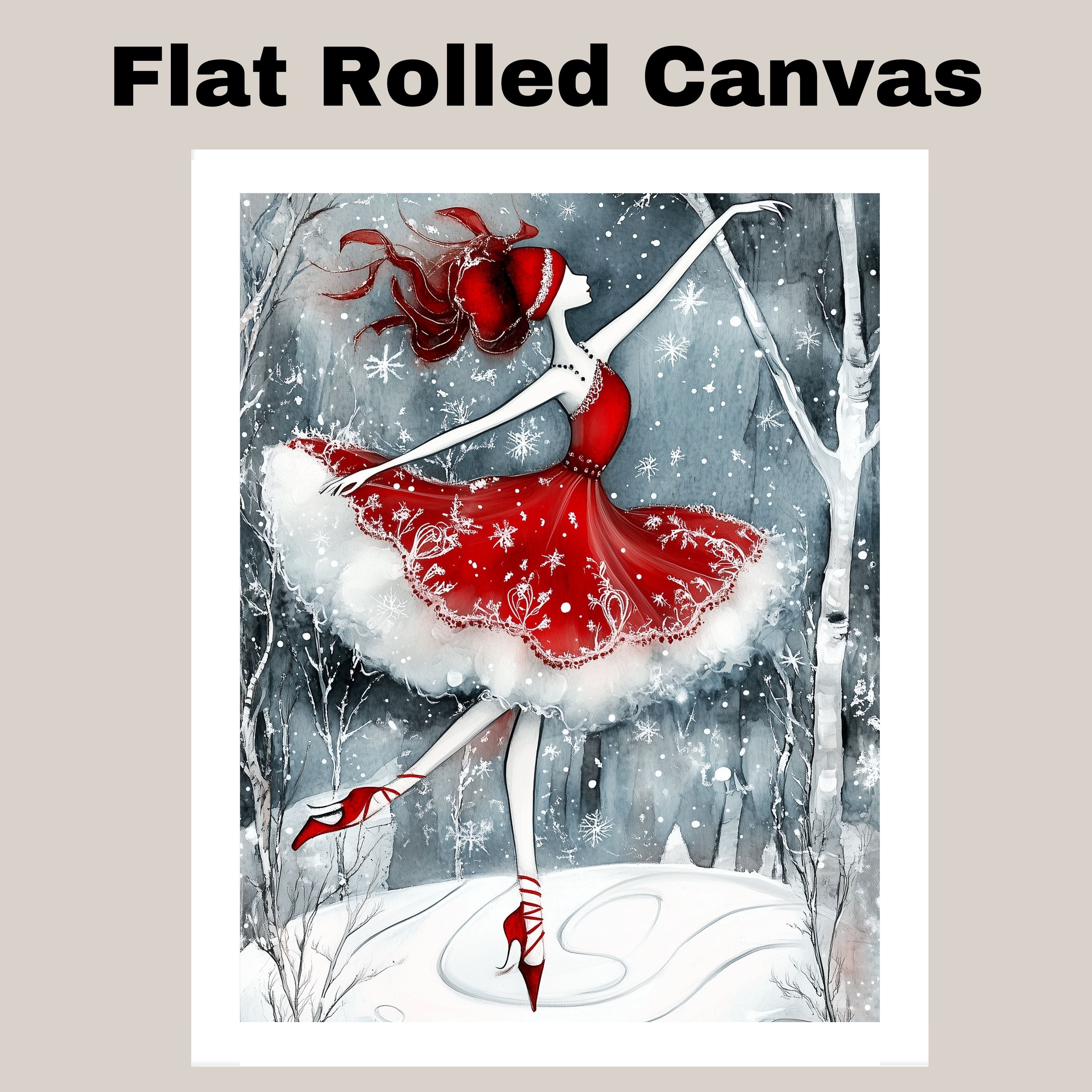 Christmas Wall Art Featuring Whimsical Ballerina in Red Skating in Snowy Forest Enchanting Holiday Artwork for Winter Decor Ballet Fans and Seasonal Elegance on Ready to Hang 1.5" Thick Canvas Wrap, Floating Framed Canvas, Flat Rolled Canvas