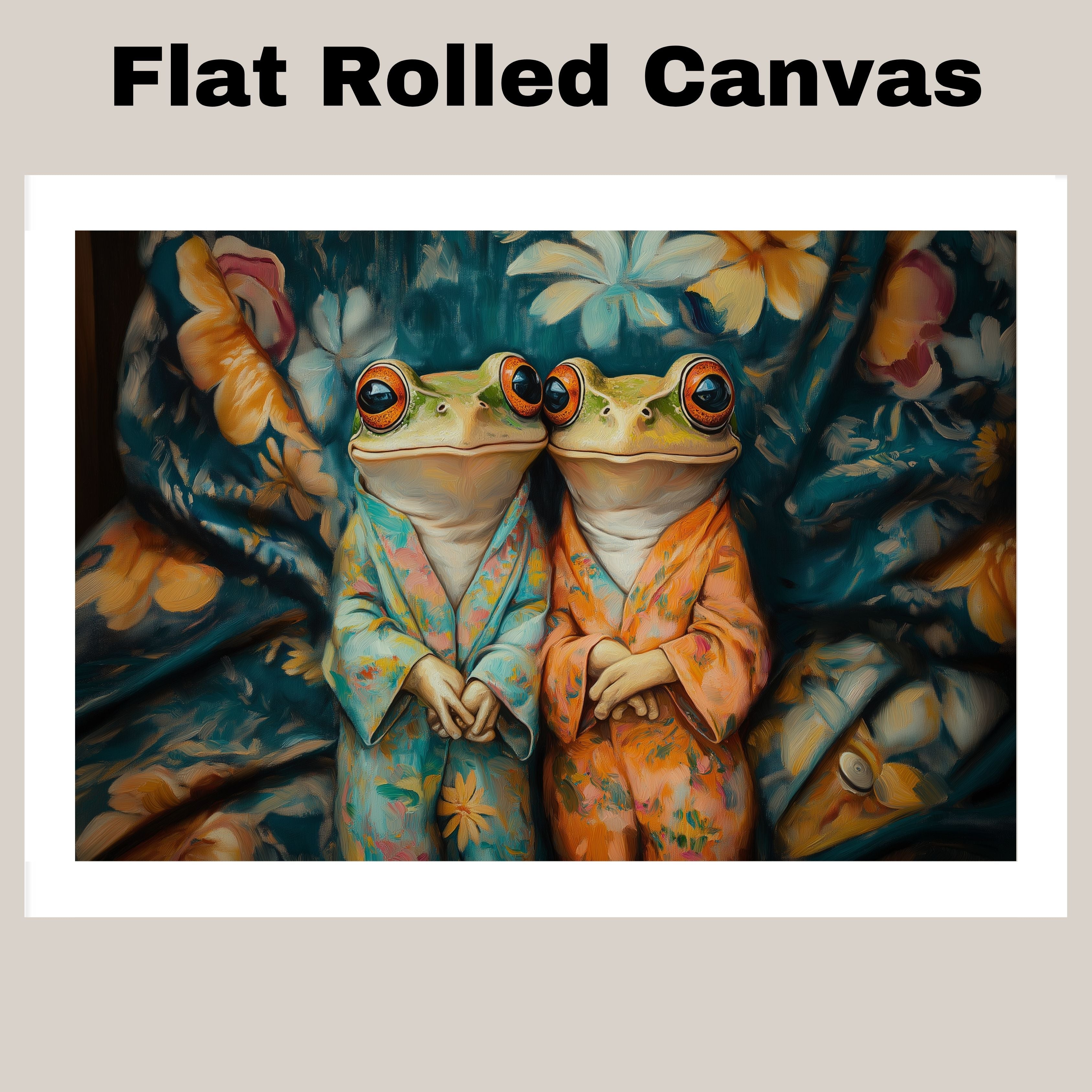 Elegant Painting of Two Frogs in Floral Pajamas Sitting Together with Gentle Expressions on a Bold Botanical Background in Teal and Warm Orange Hues on Ready to Hang 1.5" Thick Canvas Wrap, Floating Framed Canvas, Flat Rolled Canvas