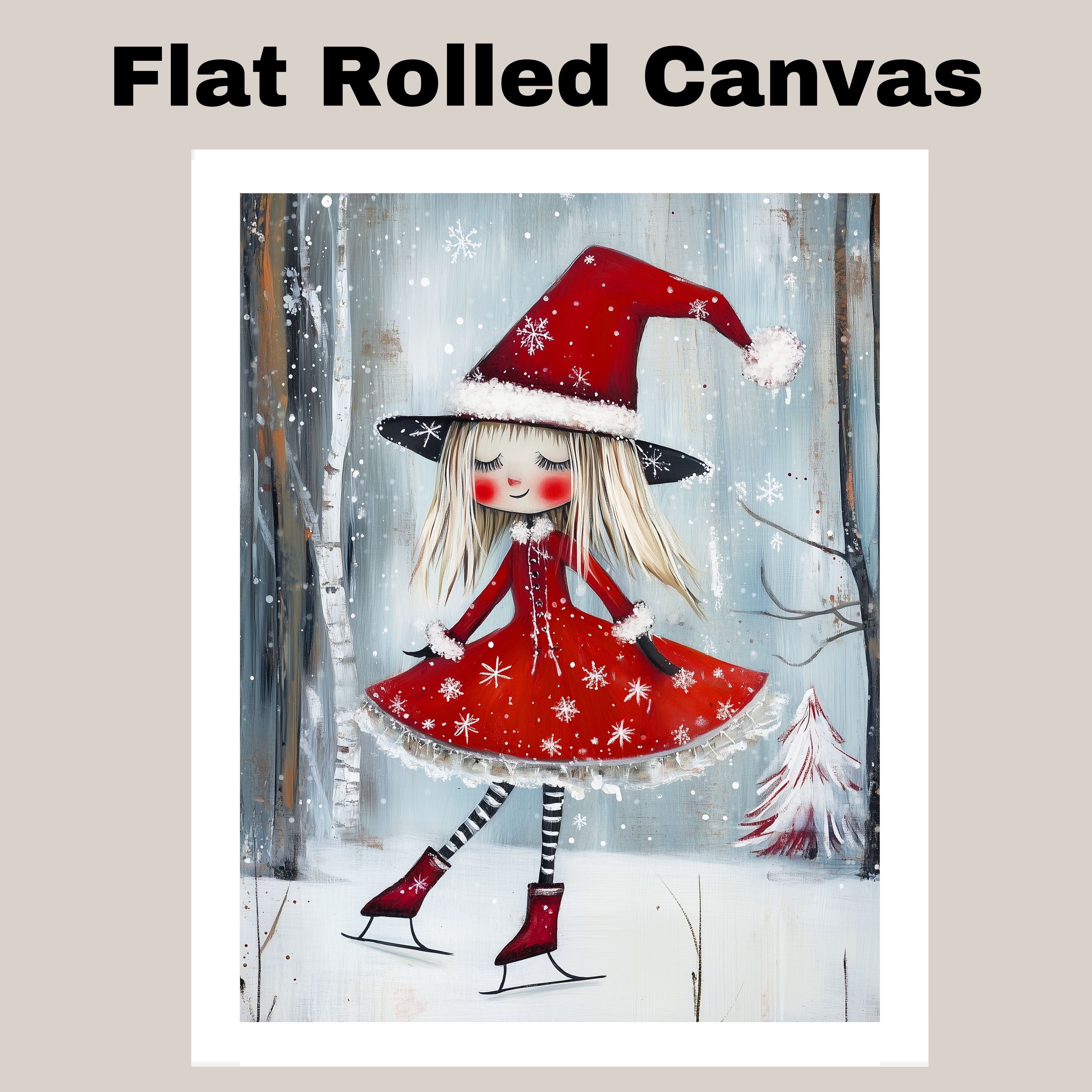 Christmas Witch Ice Skating Print – Whimsical Red Dress & Striped Tights Holiday Art, Cute Winter Witch Decor, Magical Snowy Season Wall Art for Girls' Room or Nursery on Ready to Hang 1.5" Thick Canvas Wrap, Floating Framed Canvas, Flat Rolled Canvas