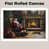 Santa Claus by the Fireplace with Dog – Cozy Christmas Wall Art Print on Ready to Hang 1.5" Thick Canvas Wrap, Floating Framed Canvas, Flat Rolled Canvas