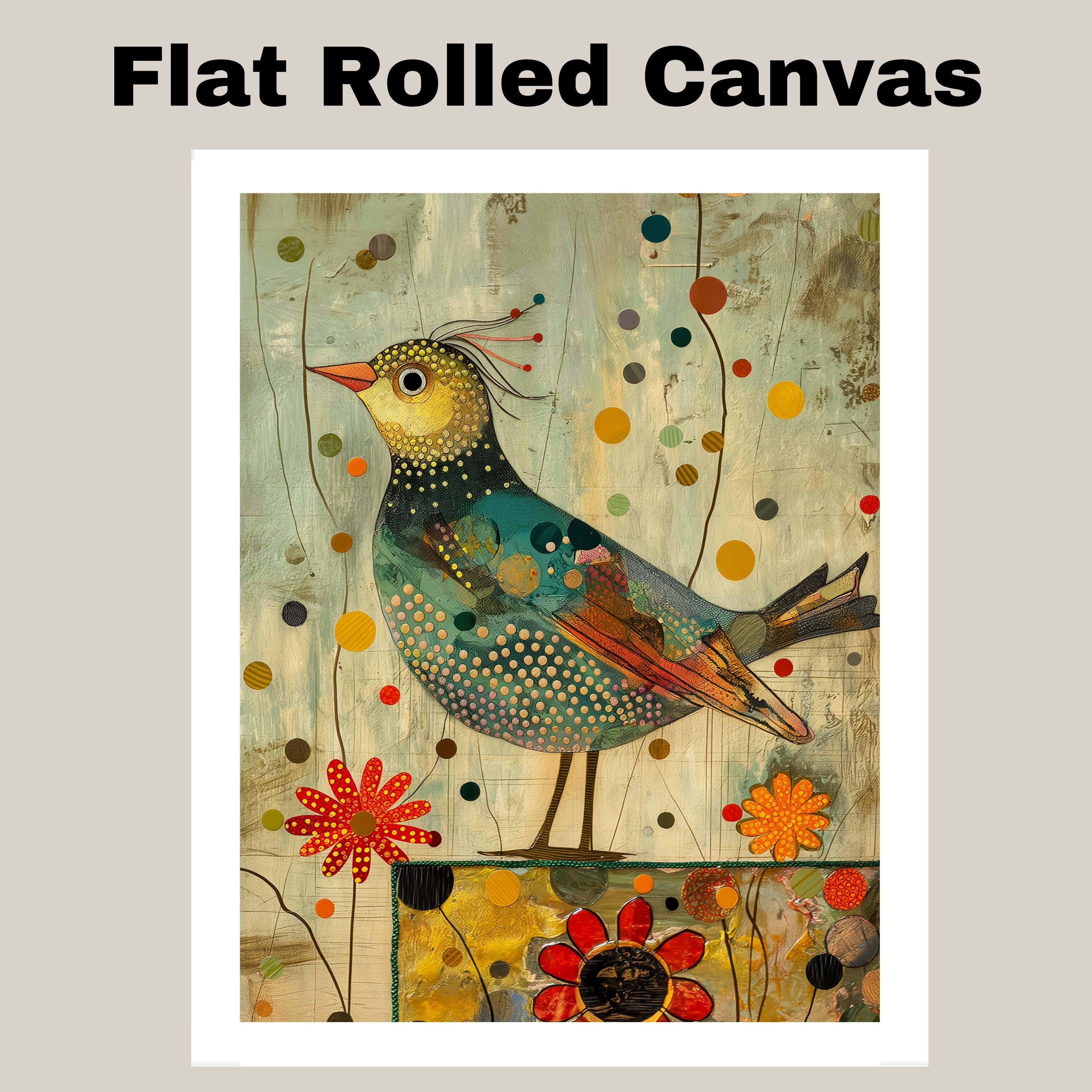 Charming Painting of a Whimsical Bird with Dotted Feathers and Abstract Flowers in Warm Earthy Colors Perfect for Nature Inspired or Eclectic Home Accents on Ready to Hang 1.5" Thick Canvas Wrap, Floating Framed Canvas, Flat Rolled Canvas