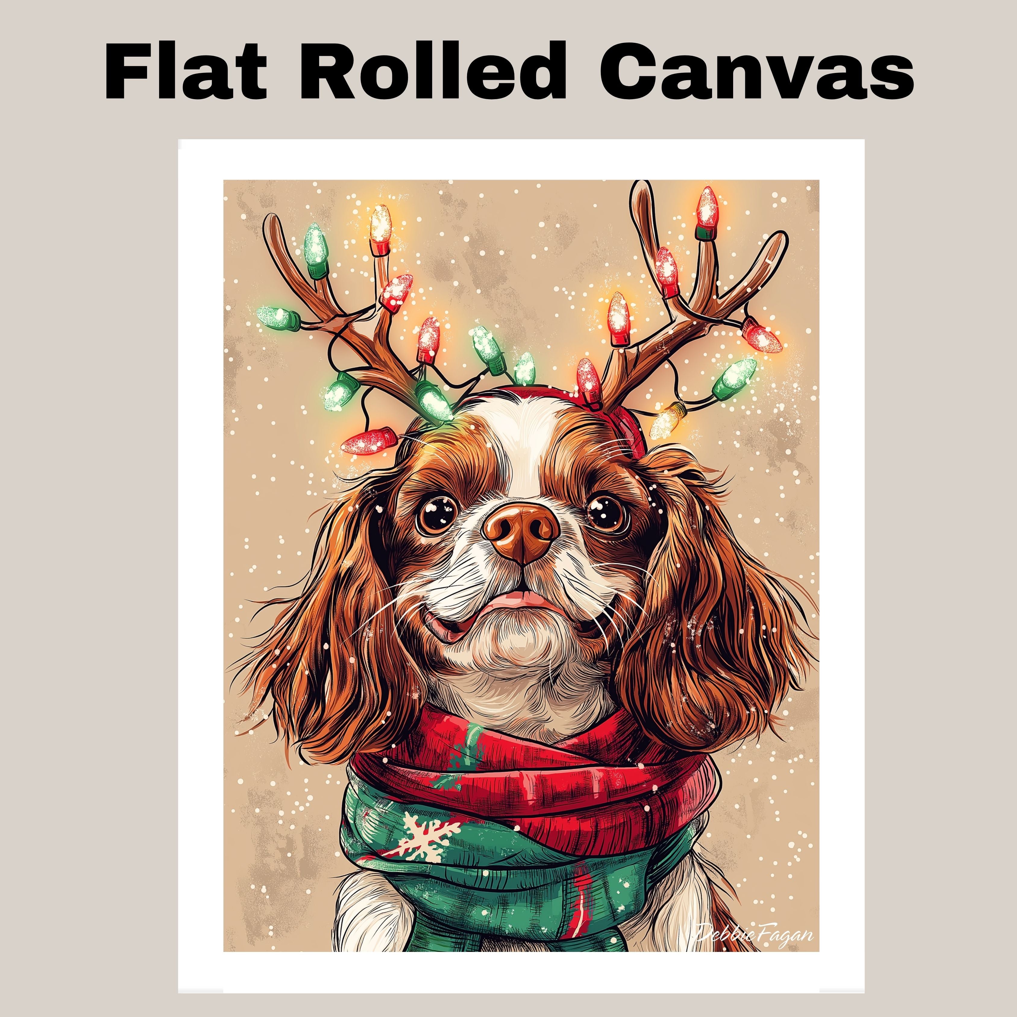 "Flurries of Joy" - Cavalier King Charles Dog with Lighted Antlers & Holiday Scarf in Snowfall, Ready to Hang 1.5" Thick Canvas Wrap, Floating Framed Canvas, Flat Rolled Canvas