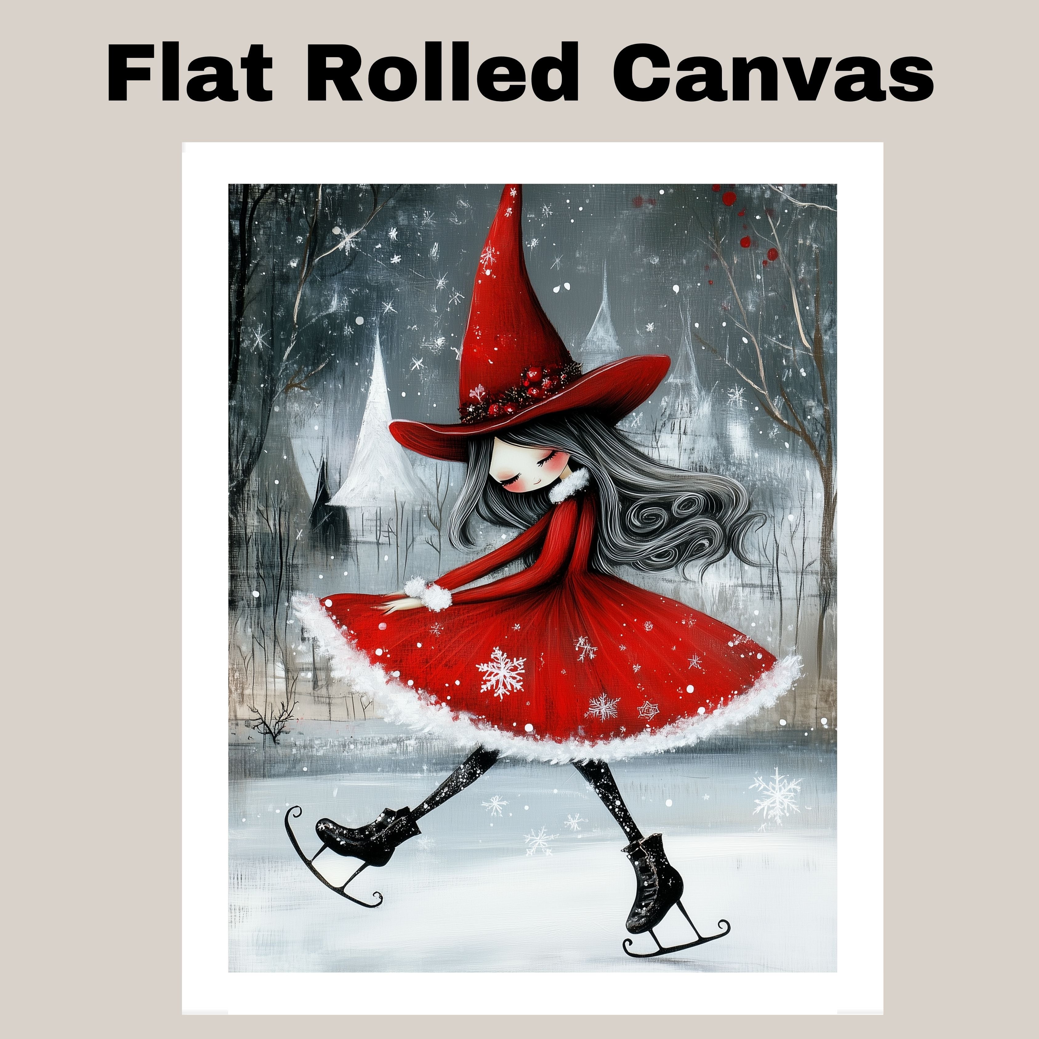 Whimsical Christmas Witch Ice Skating Art Print – Red Holiday Dress, Gothic Winter Magic Illustration, Enchanted Seasonal Wall Decor for Wiccan or Fairycore Vibes on Ready to Hang 1.5" Thick Canvas Wrap, Floating Framed Canvas, Flat Rolled Canvas