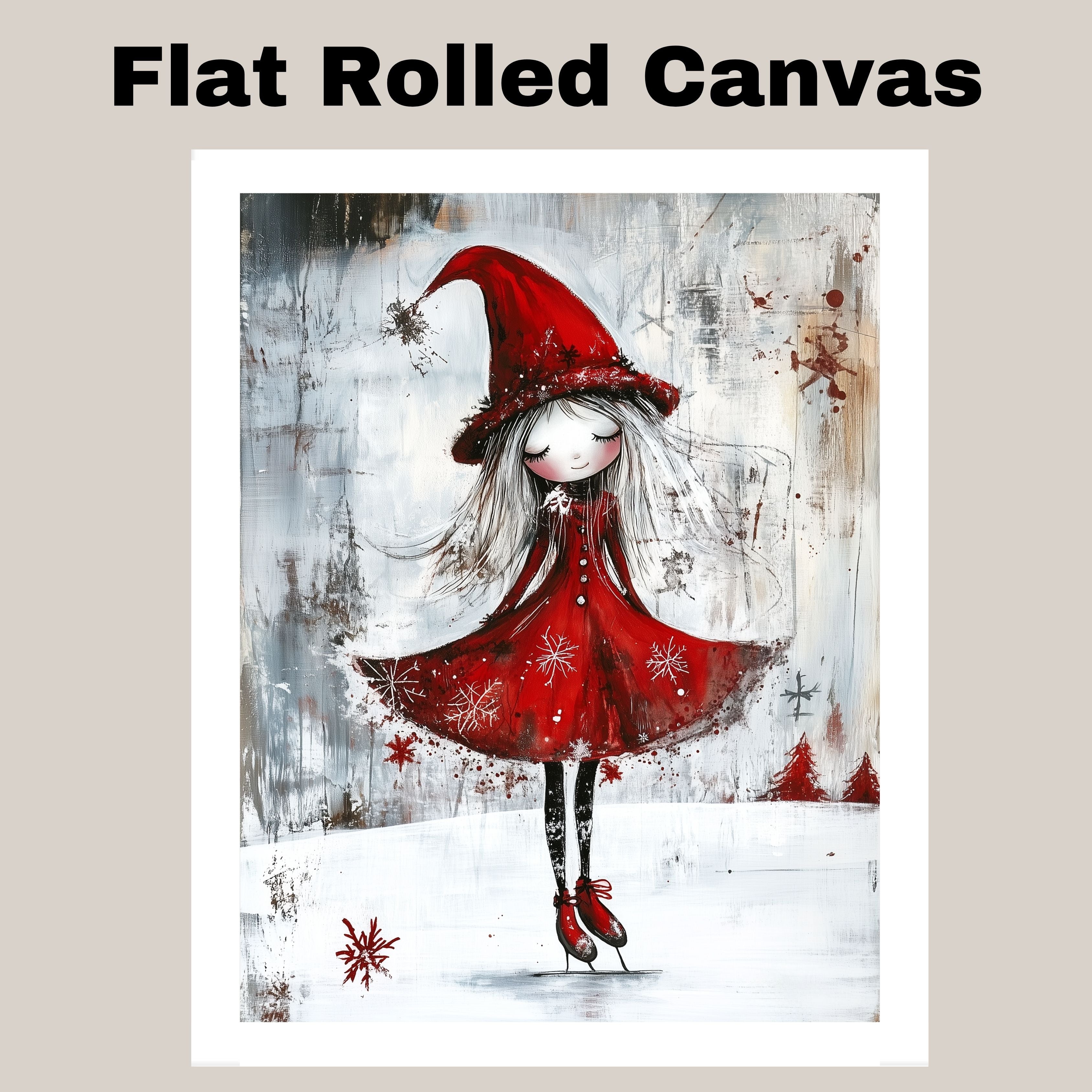 Whimsical Christmas Witch Ice Skating Print – Gothic Red Dress Winter Fairy Art, Magical Holiday Wall Decor, Snowy Enchanted Scene for Nursery or Gift on Ready to Hang 1.5" Thick Canvas Wrap, Floating Framed Canvas, Flat Rolled Canvas