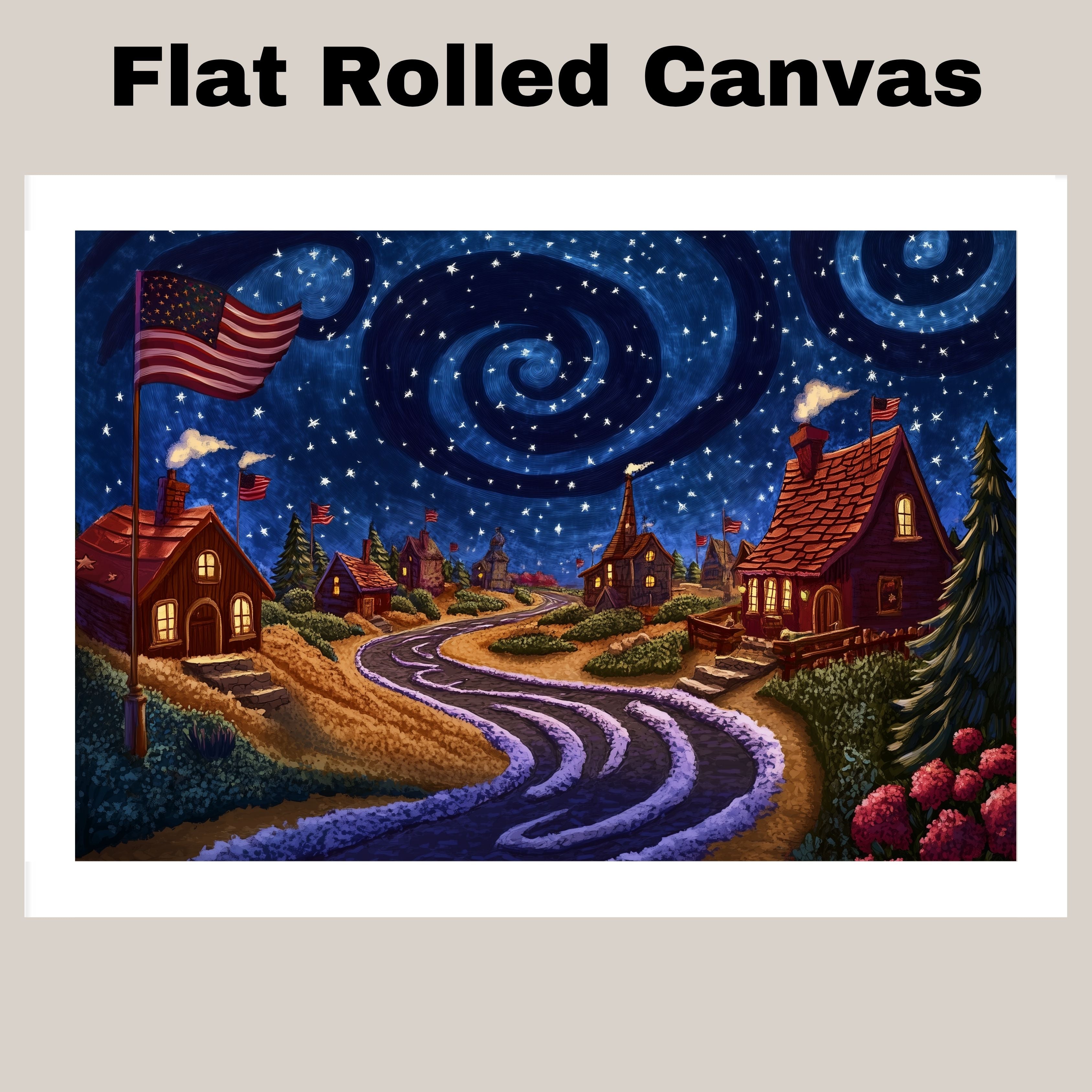 Whimsical 4th of July Village Under Swirling Starry Sky with Glowing Cottages, American Flags, and Winding Road in a Cozy Patriotic Nighttime Scene on Ready to Hang 1.5" Thick Canvas Wrap, Floating Framed Canvas, Flat Rolled Canvas