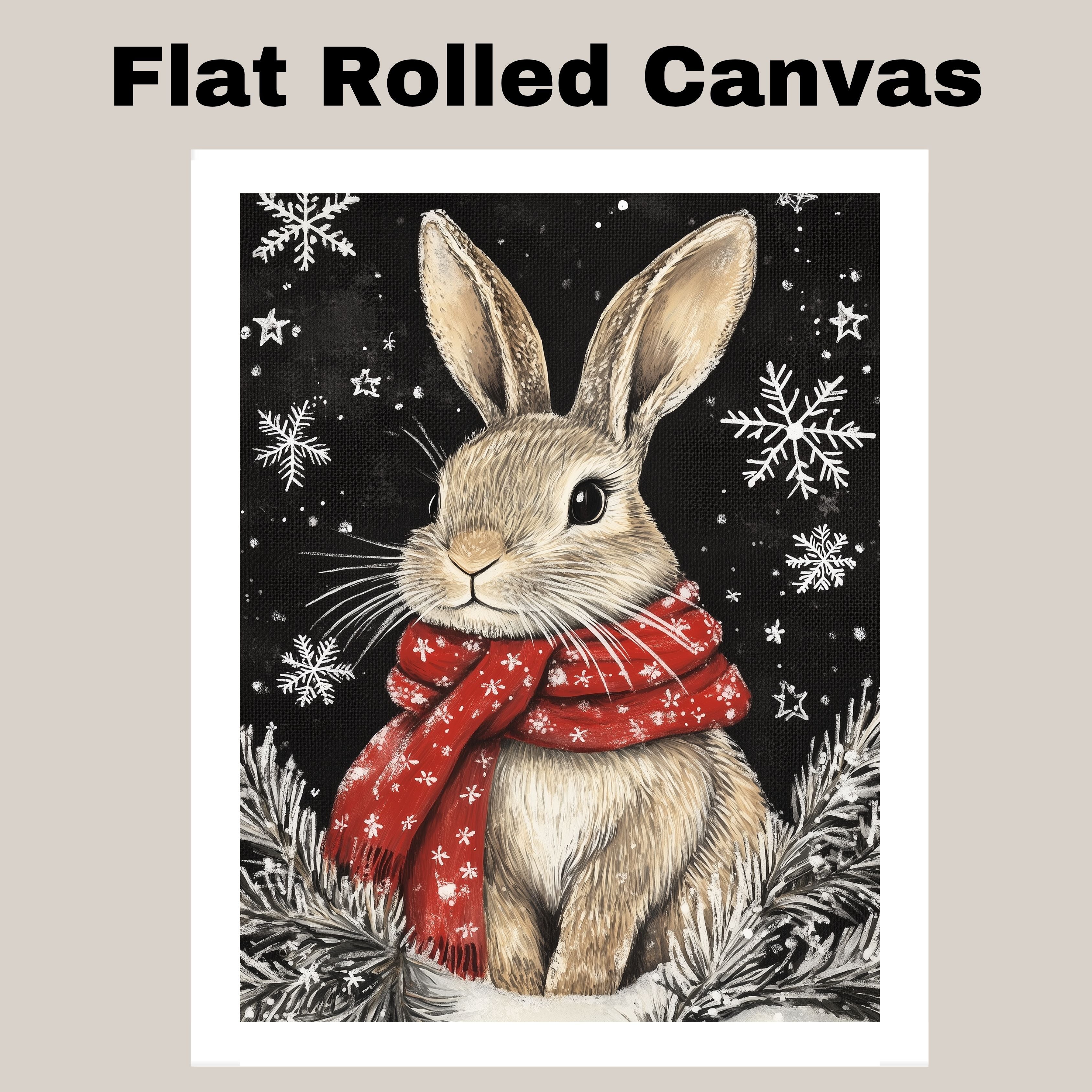 "Snowy Serenity Bunny" - Bunny in Red Scarf Sitting in Winter Snow on Ready to Hang 1.5" Thick Canvas Wrap, Floating Framed Canvas, Flat Rolled Canvas