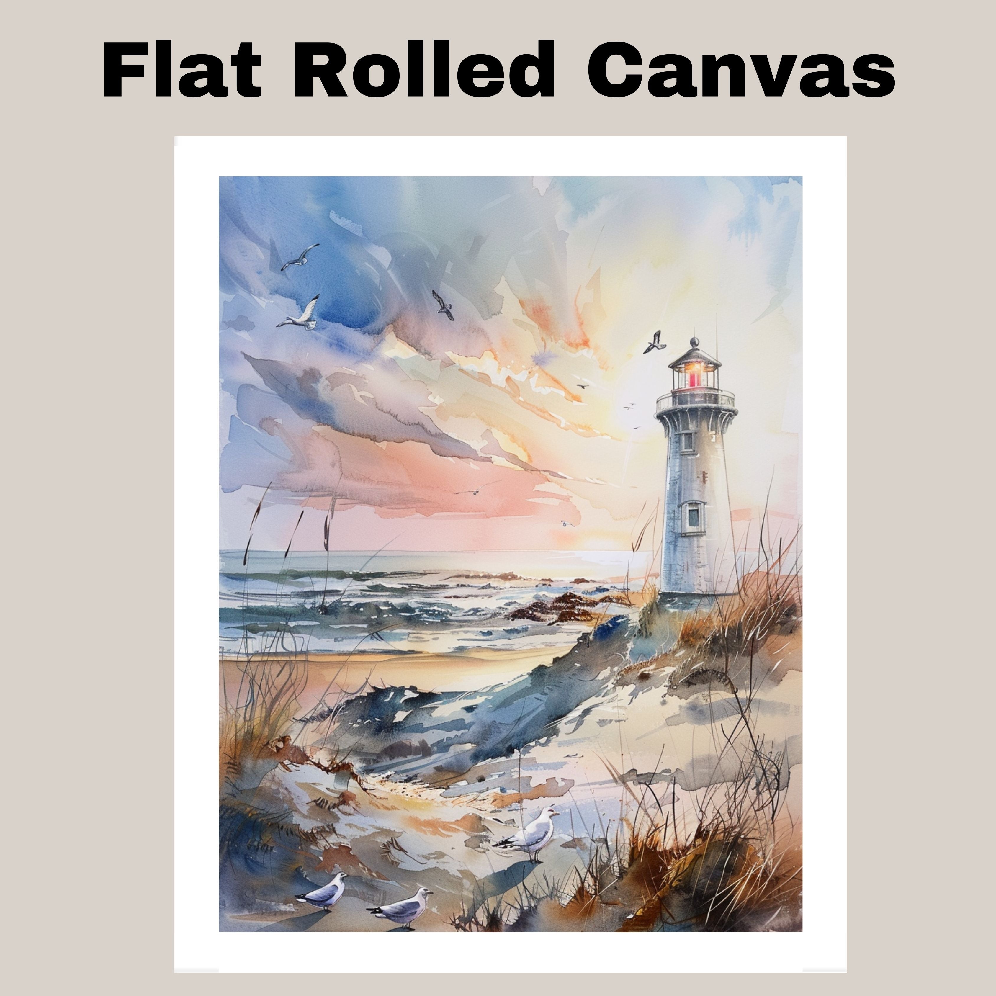 Majestic Lighthouse Overlooking Ocean Waves at Sunset with Soaring Seagulls in Tranquil Coastal Watercolor Scene on Ready to Hang 1.5" Thick Canvas Wrap, Floating Framed Canvas, Flat Rolled Canvas