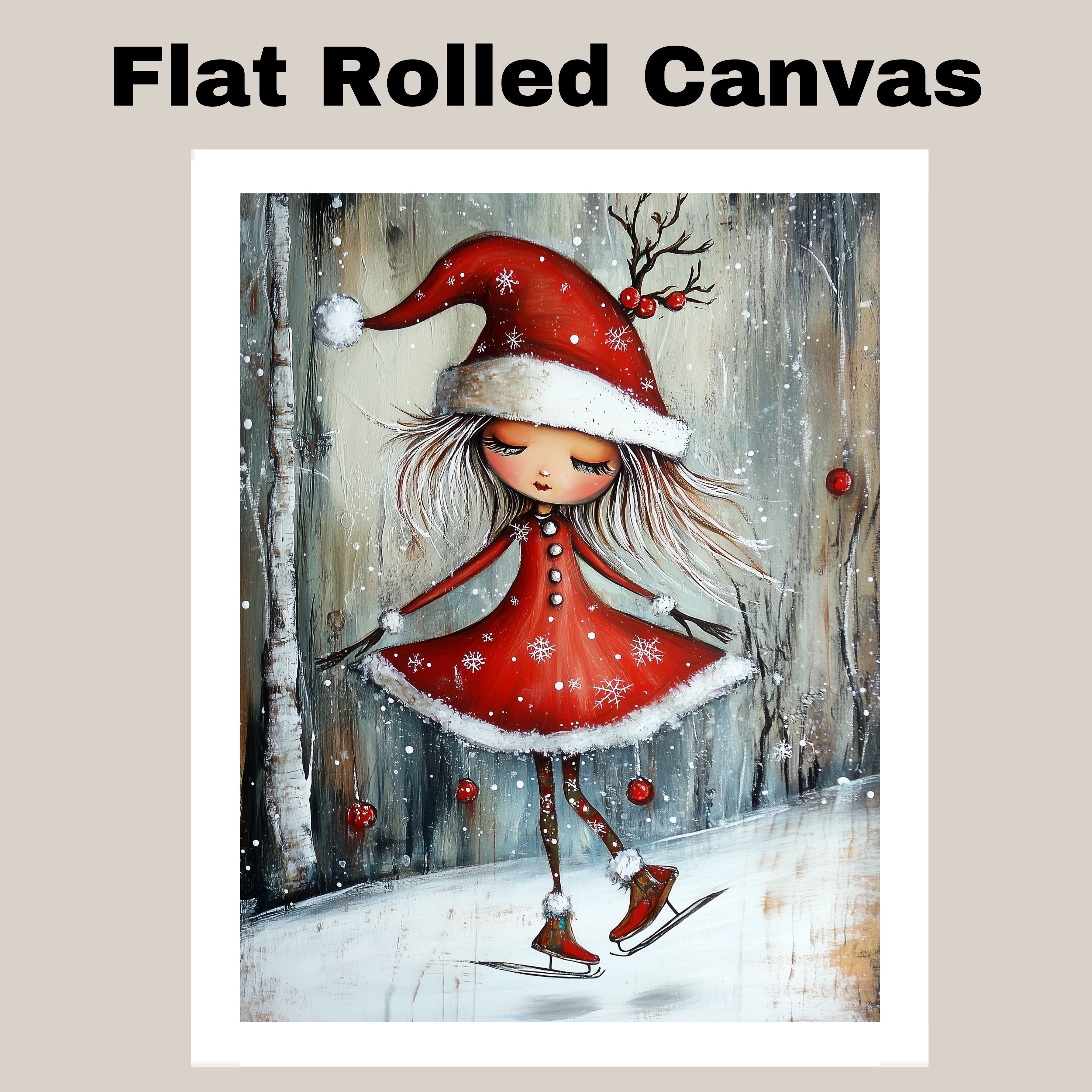 Christmas Witch Ice Skating Print – Whimsical Red Dress & Antler Hat Holiday Art, Winter Fairy Girl Wall Decor, Enchanted Snow Scene for Kids Room or Nursery on Ready to Hang 1.5" Thick Canvas Wrap, Floating Framed Canvas, Flat Rolled Canvas