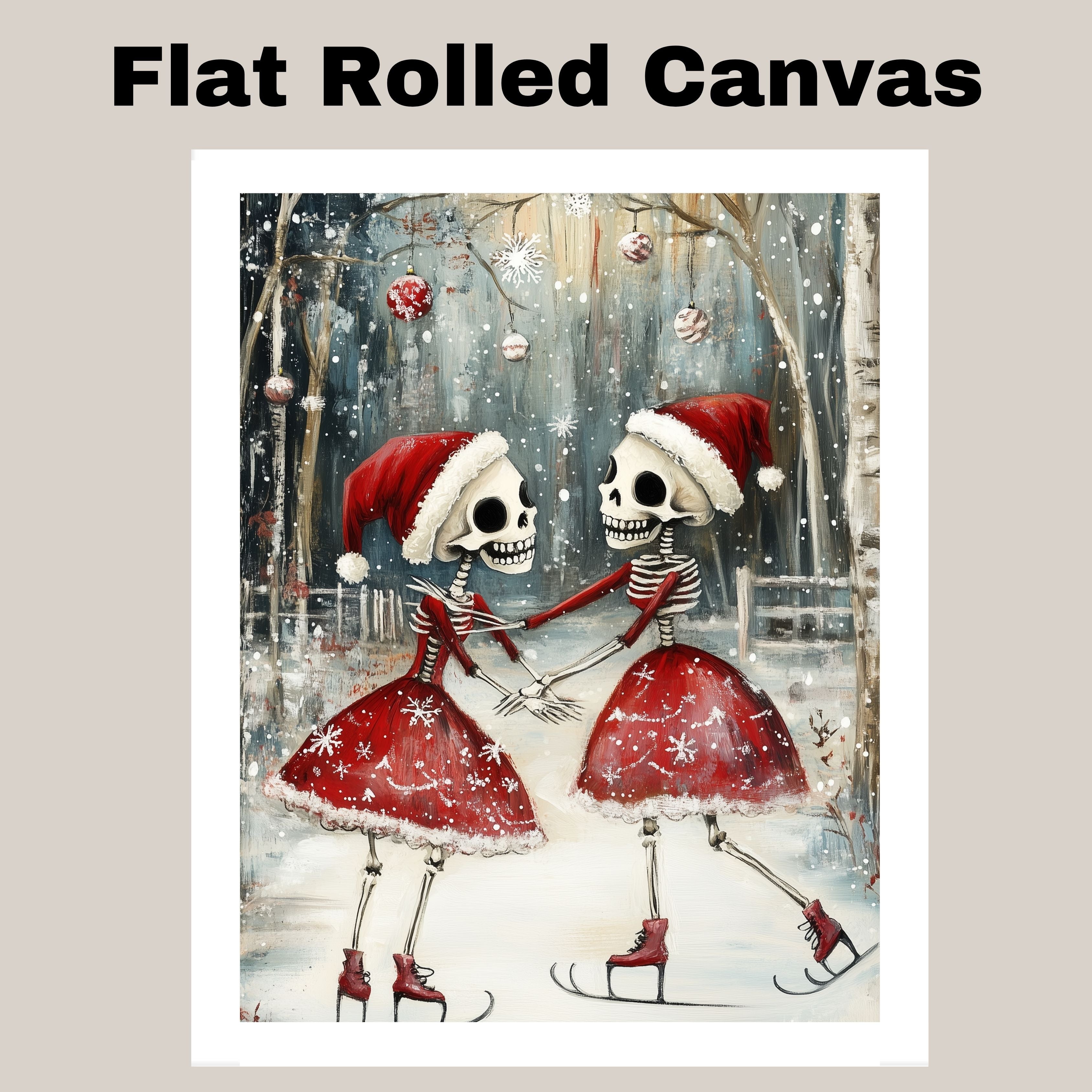 Whimsical Skeleton Ice Skating Christmas Print – Gothic Holiday Art with Dancing Skeletons in Santa Hats, Spooky Winter Scene, Quirky Festive Wall Decor on Ready to Hang 1.5" Thick Canvas Wrap, Floating Framed Canvas, Flat Rolled Canvas