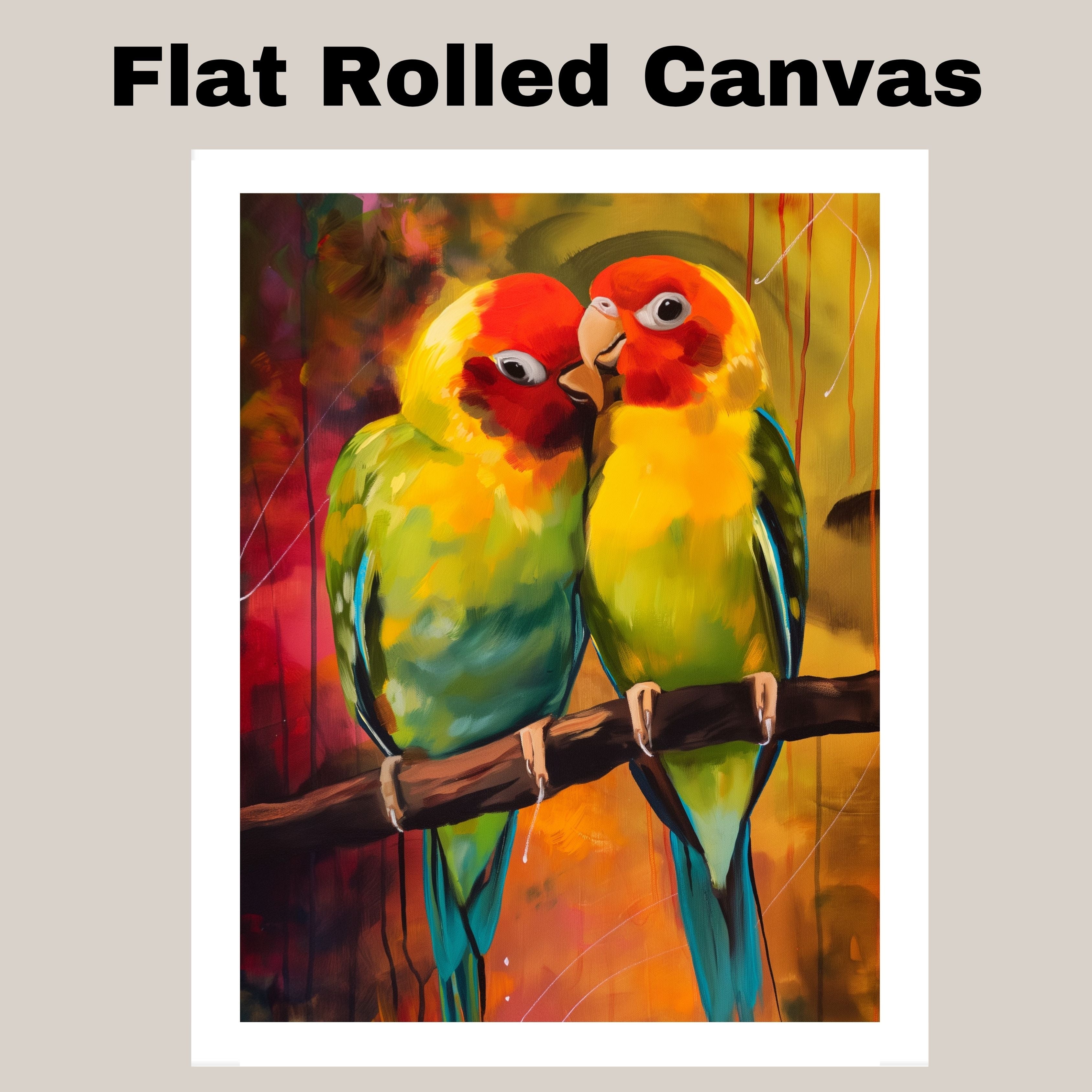 Affectionate Lovebird Pair Painting Featuring Vibrant Parrots in Red, Yellow, and Green Plumage Sharing a Tender Moment on a Branch in a Colorful Jungle Scene on Ready to Hang 1.5" Thick Canvas Wrap, Floating Framed Canvas, Flat Rolled Canvas