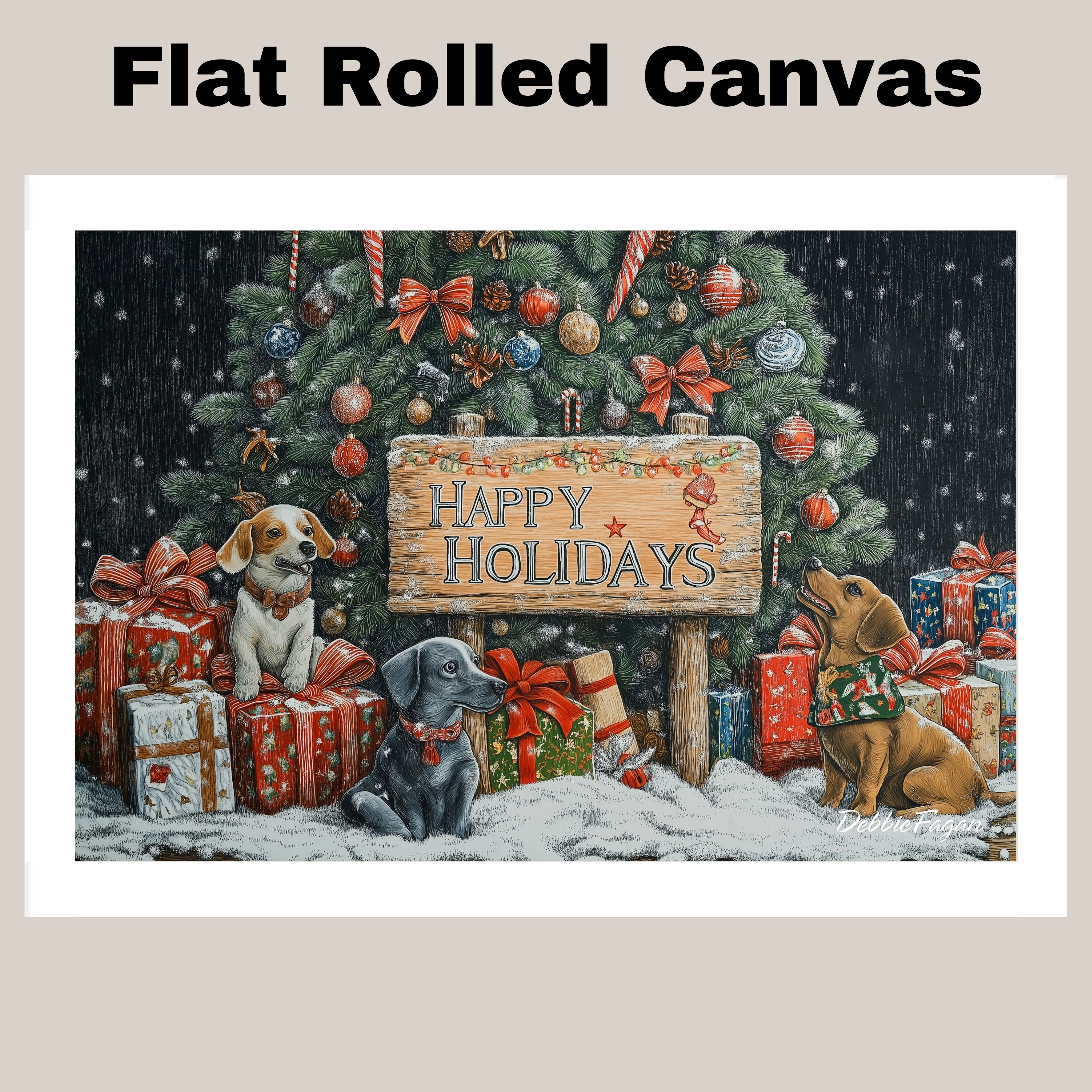 Christmas Canvas - "Puppy Wishes" - Cute Pups Surrounded by Gifts Under the Christmas Tree in a Winter Wonderland on Ready to Hang 1.5" Thick Canvas Wrap, Floating Framed Canvas, Flat Rolled Canvas