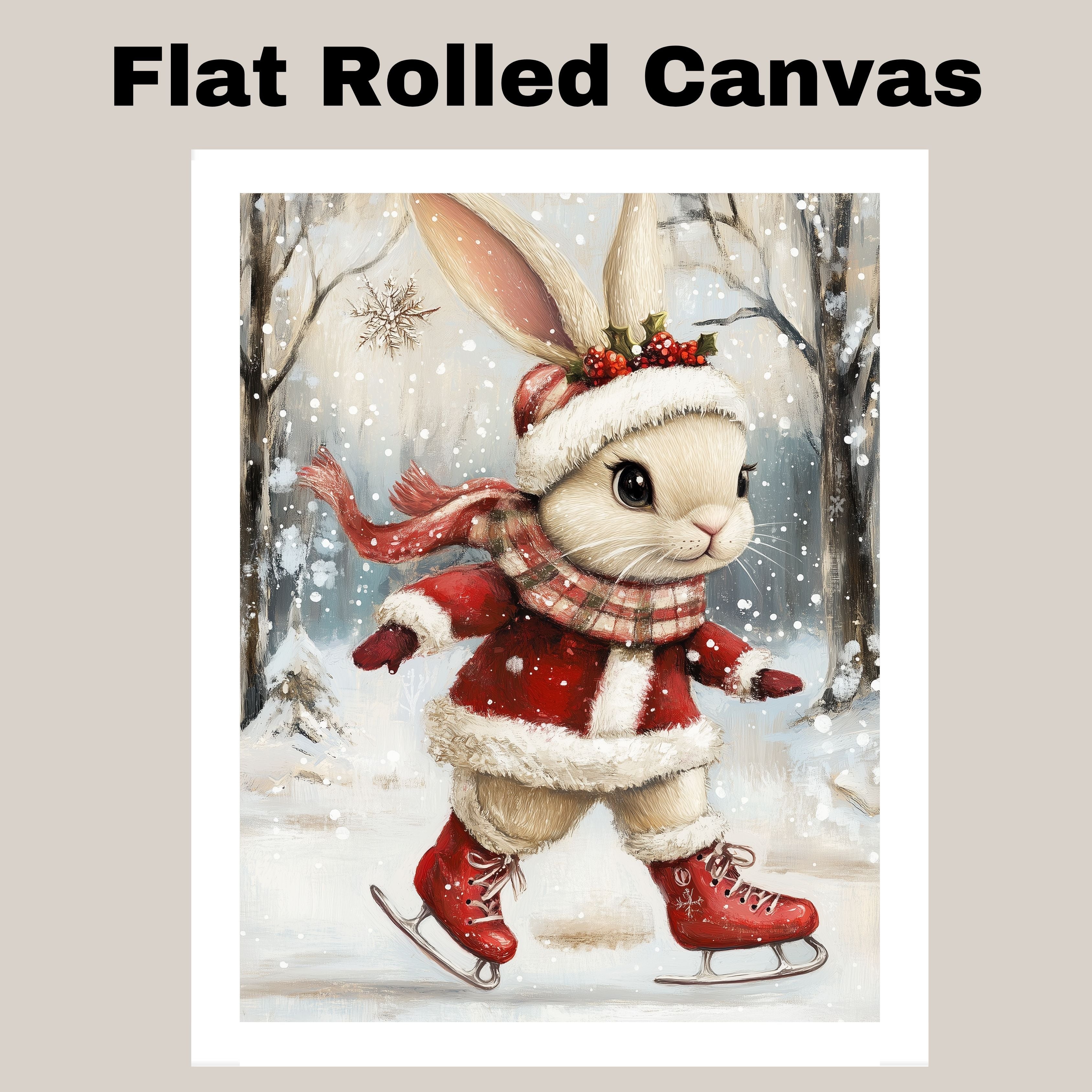 Christmas Wall Art Featuring Ice Skating Bunny in Red Coat and Holly Crown Whimsical Holiday Illustration for Winter Home Decor and Animal Lovers