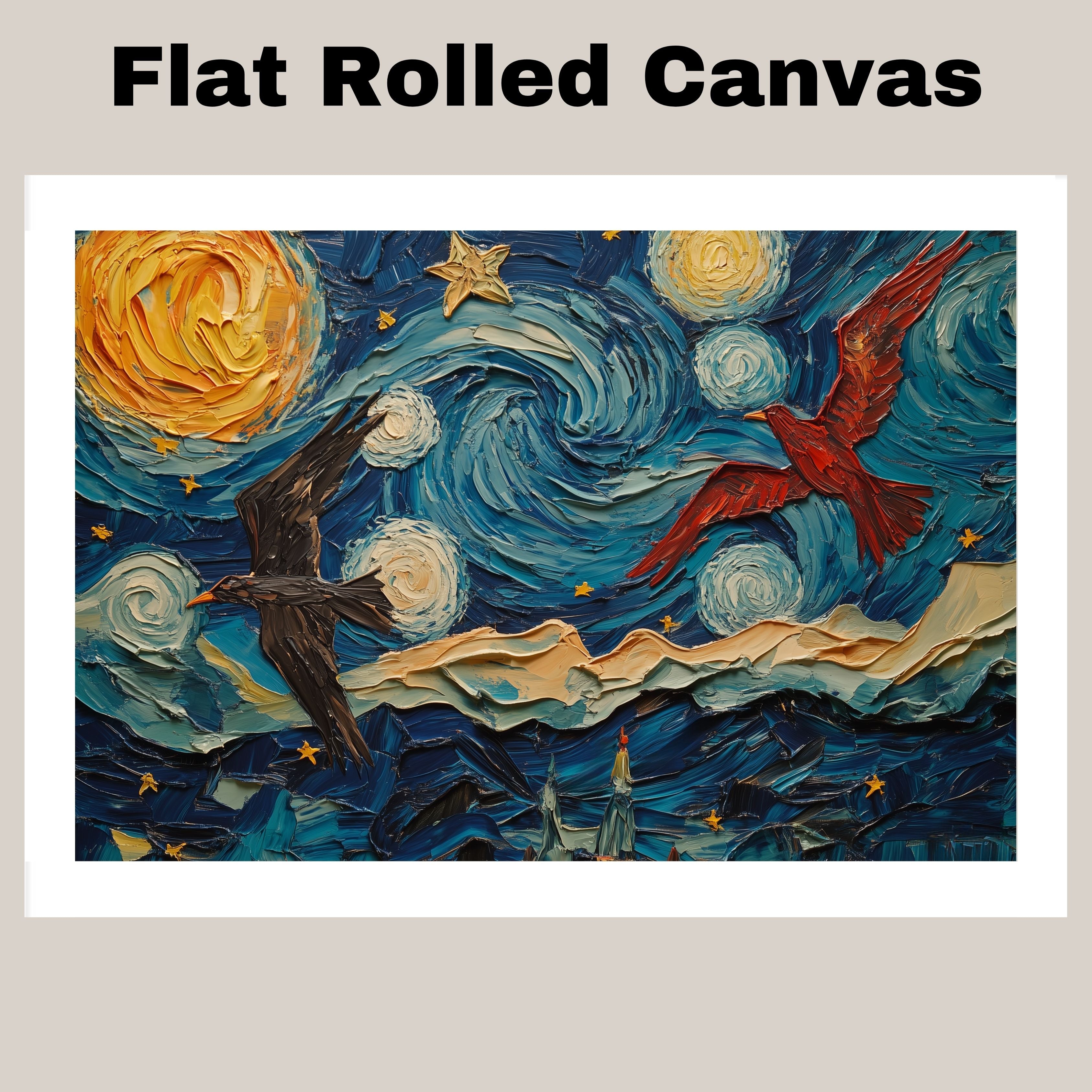 Starry Night Folk Art with Birds – Colorful Impressionist Sky Wall Art Print – Van Gogh Inspired Patriotic Red and Black Birds Soaring in Whimsical Night Sky on Ready to Hang 1.5" Thick Canvas Wrap, Floating Framed Canvas, Flat Rolled Canvas