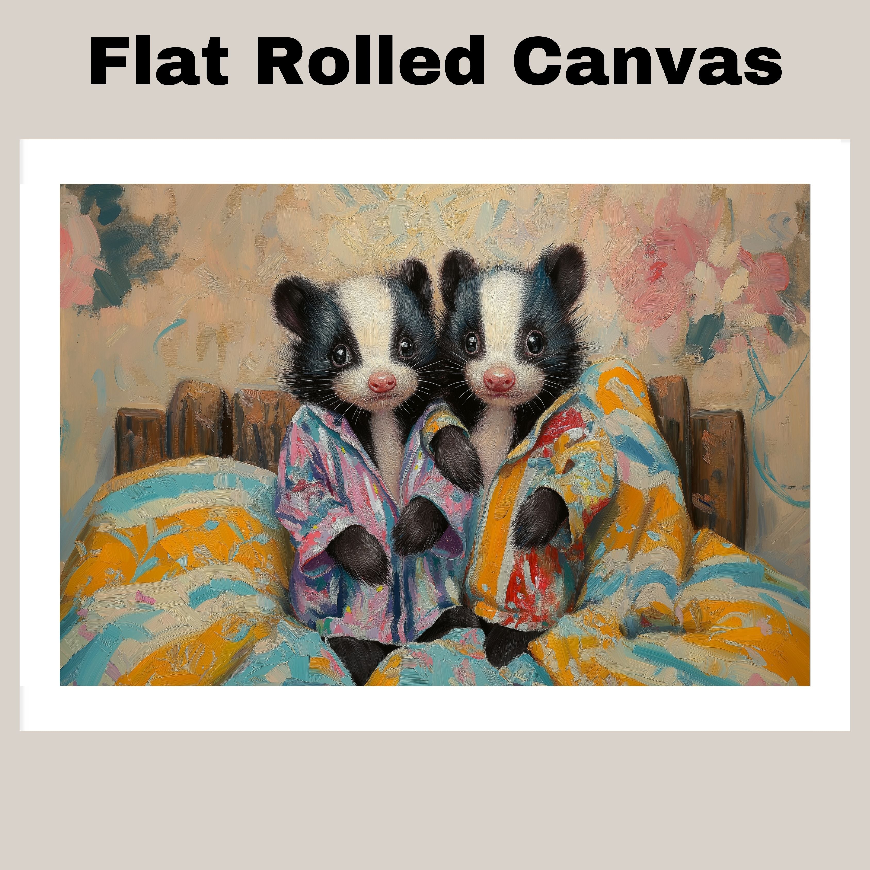 Charming Painting of Two Baby Skunks in Pajamas Sitting on a Colorful Bed with Warm Expressions and Floral Background in a Cozy Whimsical Setting on Ready to Hang 1.5" Thick Canvas Wrap, Floating Framed Canvas, Flat Rolled Canvas