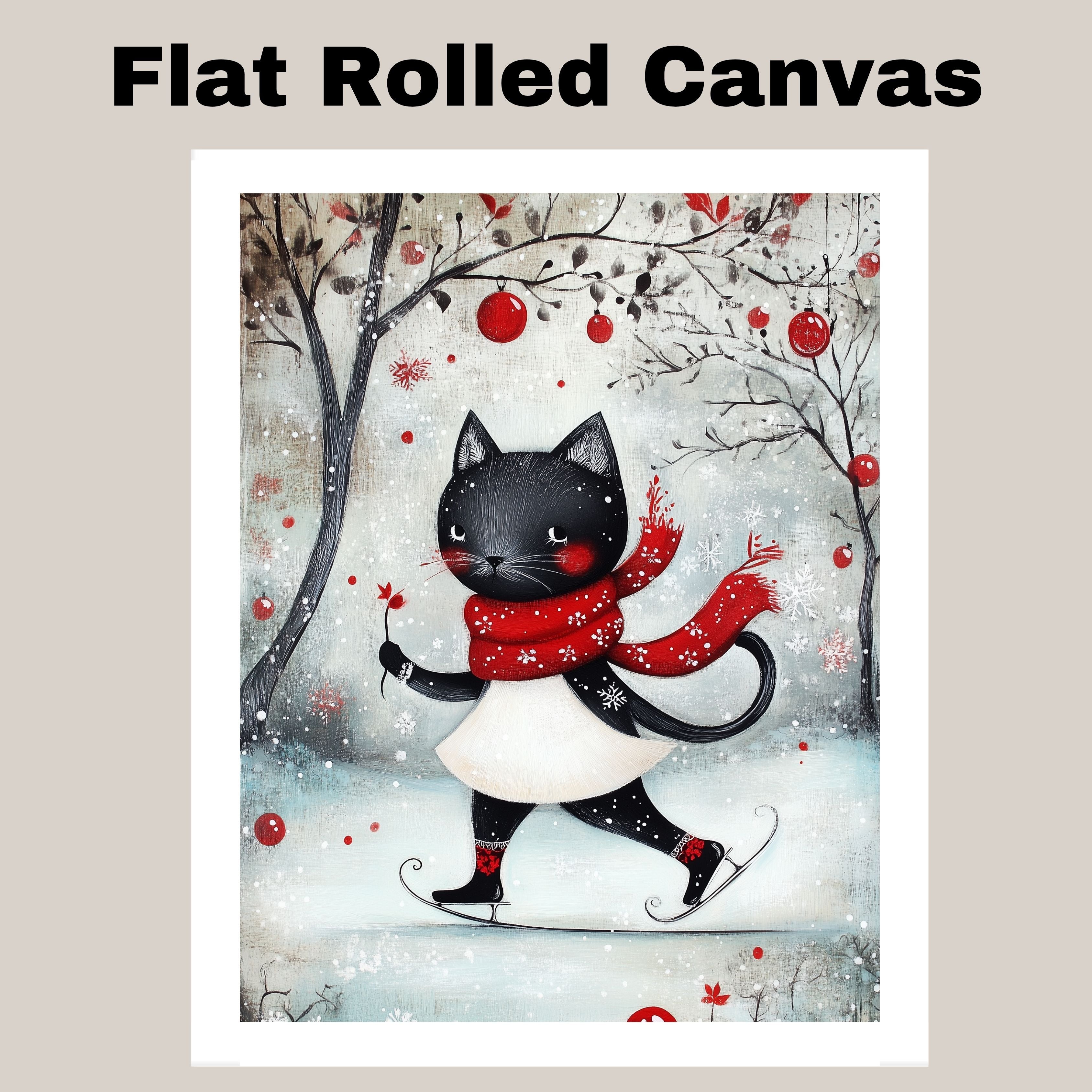 Christmas Wall Art Featuring Whimsical Black Cat Ice Skating with Red Scarf and Snowy Forest Background Cute Holiday Animal Illustration for Winter Home Decor and Gifts on Ready to Hang 1.5" Thick Canvas Wrap, Floating Framed Canvas, Flat Rolled Canvas