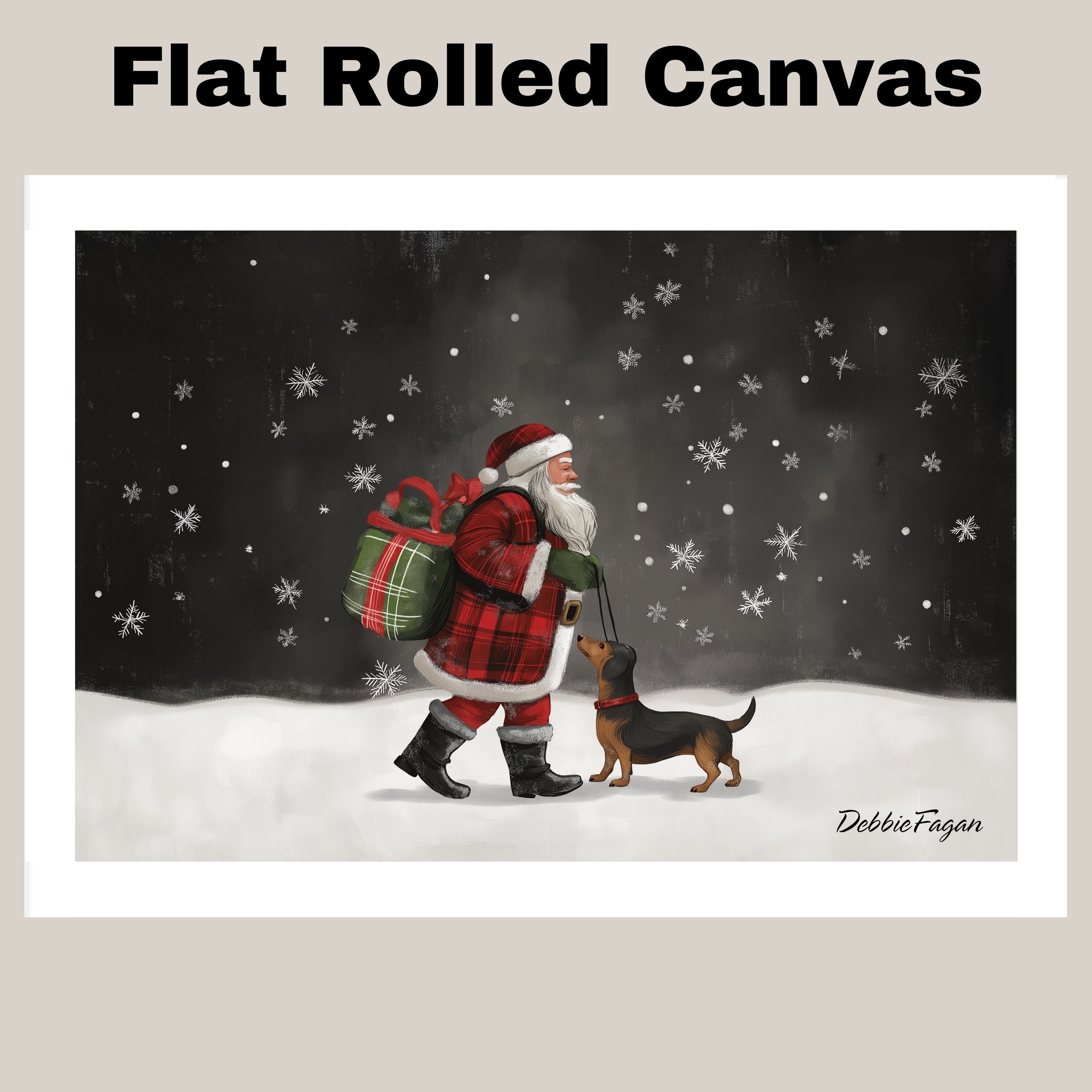 Doxie Christmas Canvas  - "Snowy Adventure" - Dachshund and Santa in The Winter Snow on Ready to Hang 1.5" Thick Canvas Wrap, Floating Framed Canvas, Flat Rolled Canvas