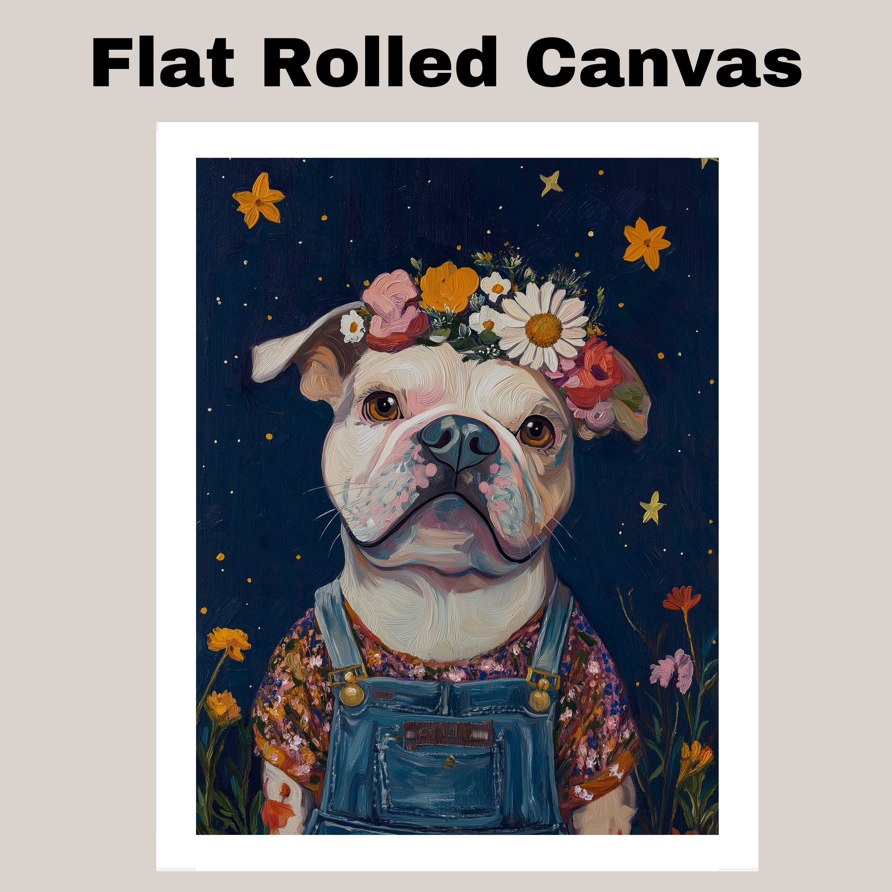 Cute Plump Dog in Overalls Painting Adorable Floral Crown Pup Artwork Perfect for Cozy Home Office Nursery Dog Lovers Wall Decor Gift for Pet and Art Enthusiasts on Ready to Hang 1.5" Thick Canvas Wrap, Floating Framed Canvas, Flat Rolled Canvas