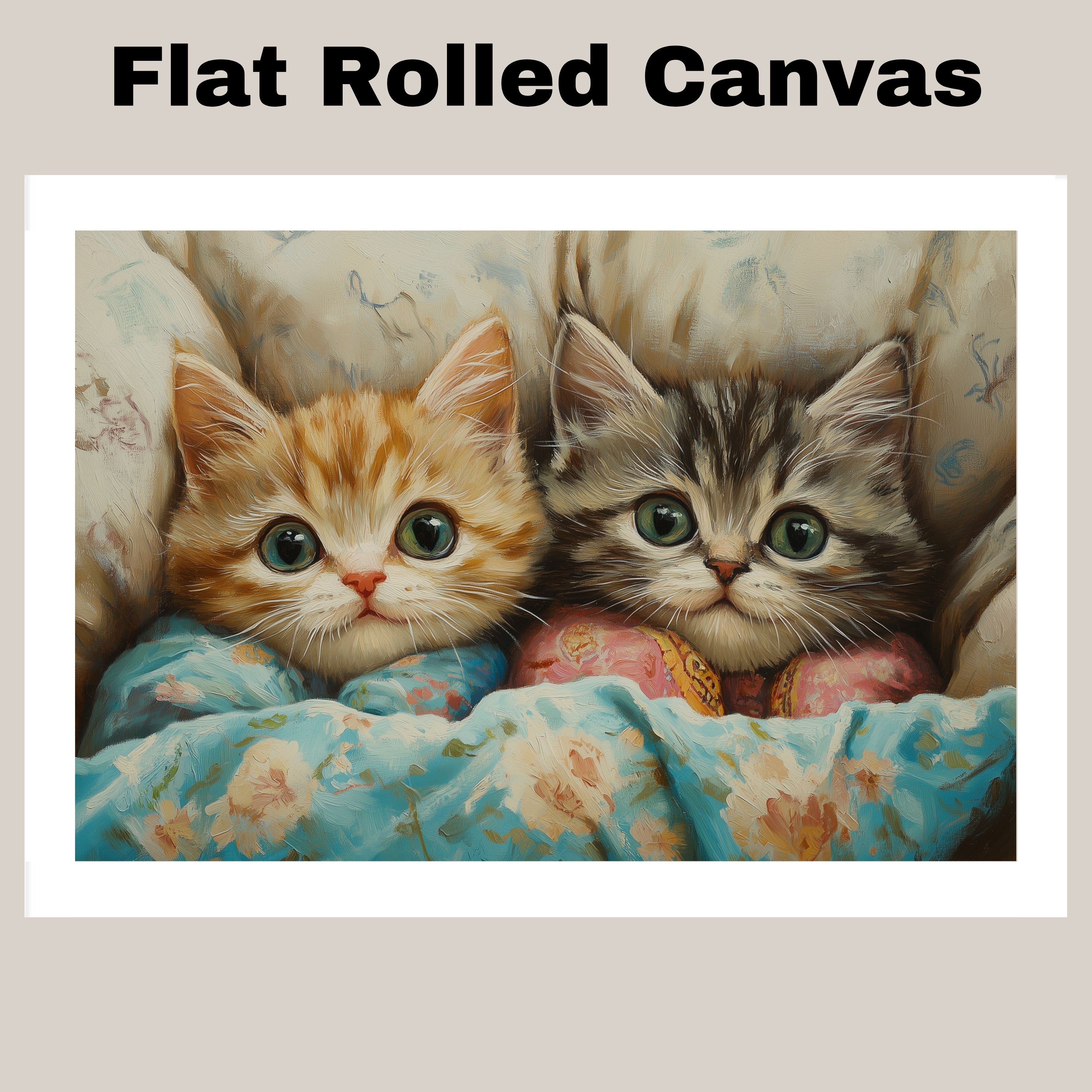 Painting of Two Cute Kittens Snuggled in Colorful Floral Blankets with Big Eyes and Soft Fur in a Cozy Bed Surrounded by Pillows in a Warm Whimsical Setting on Ready to Hang 1.5" Thick Canvas Wrap, Floating Framed Canvas, Flat Rolled Canvas