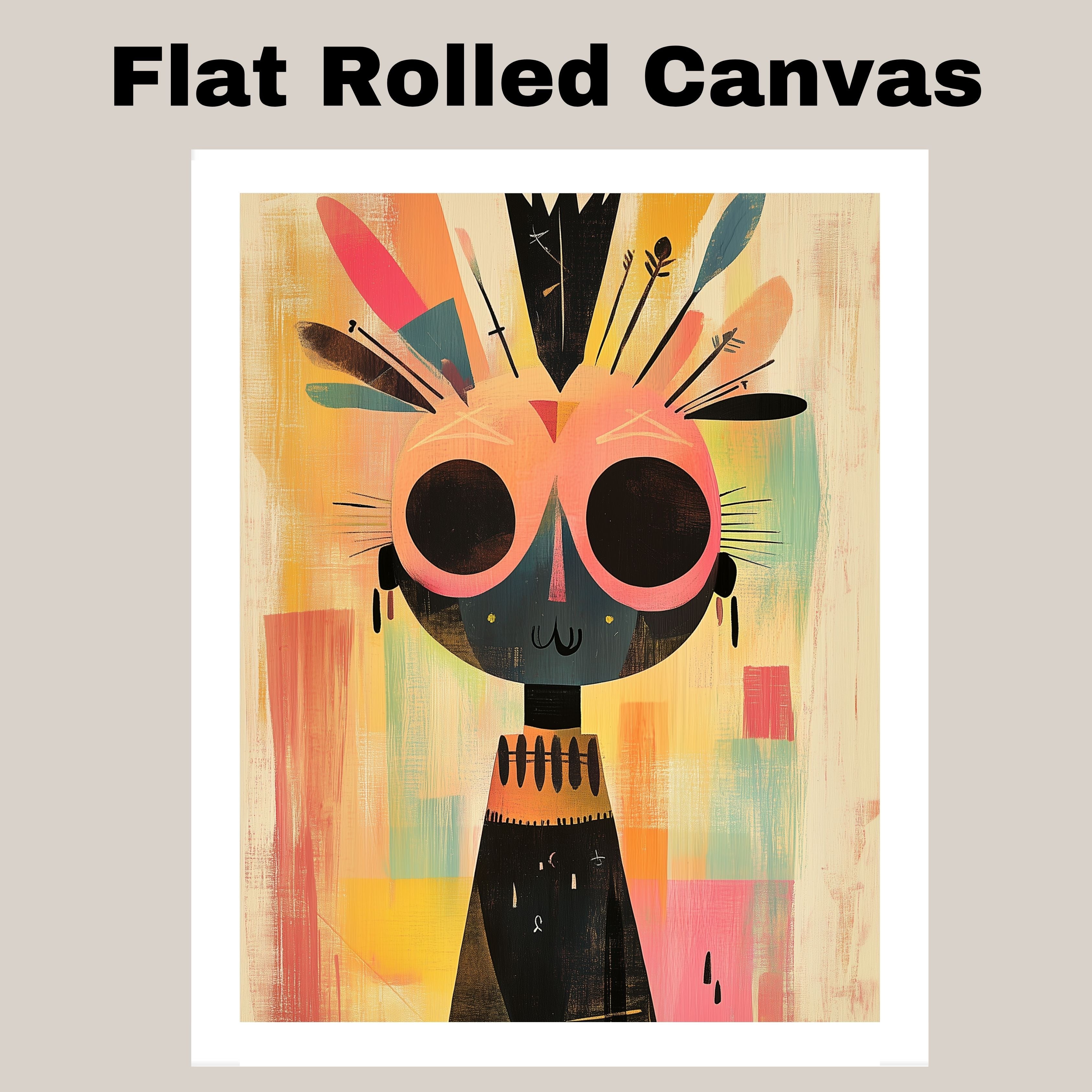 Colorful Abstract Tribal Character Art in Mid-Century Modern Style with Bold Feathers and Whimsical Expression for Living Room or Office Display on Ready to Hang 1.5" Thick Canvas Wrap, Floating Framed Canvas, Flat Rolled Canvas