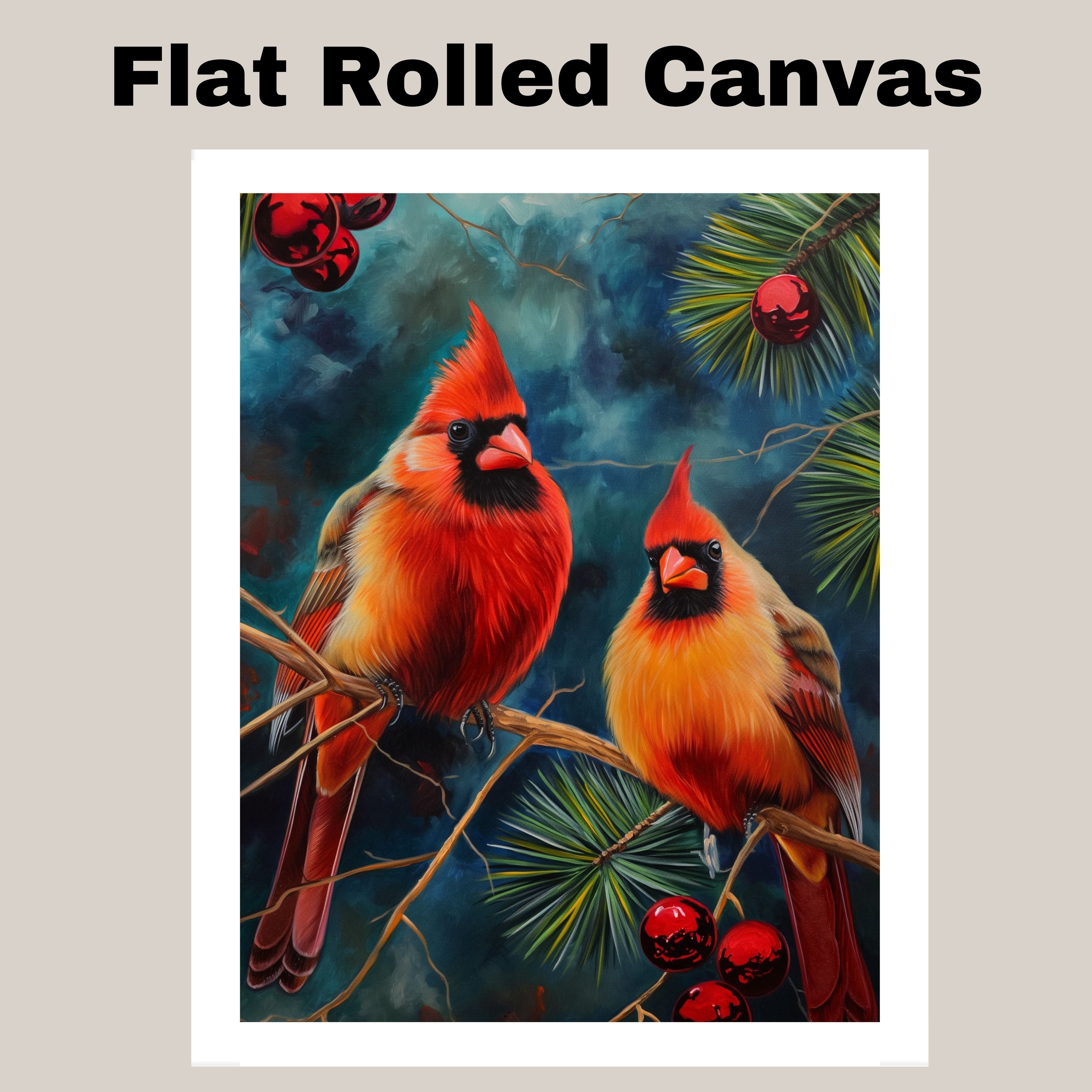 Christmas Cardinals on Pine Branch – Festive Red Birds with Ornaments in a Vibrant Winter Scene Painting Perfect for Seasonal and Nature-Inspired Displays on Ready to Hang 1.5" Thick Canvas Wrap, Floating Framed Canvas, Flat Rolled Canvas