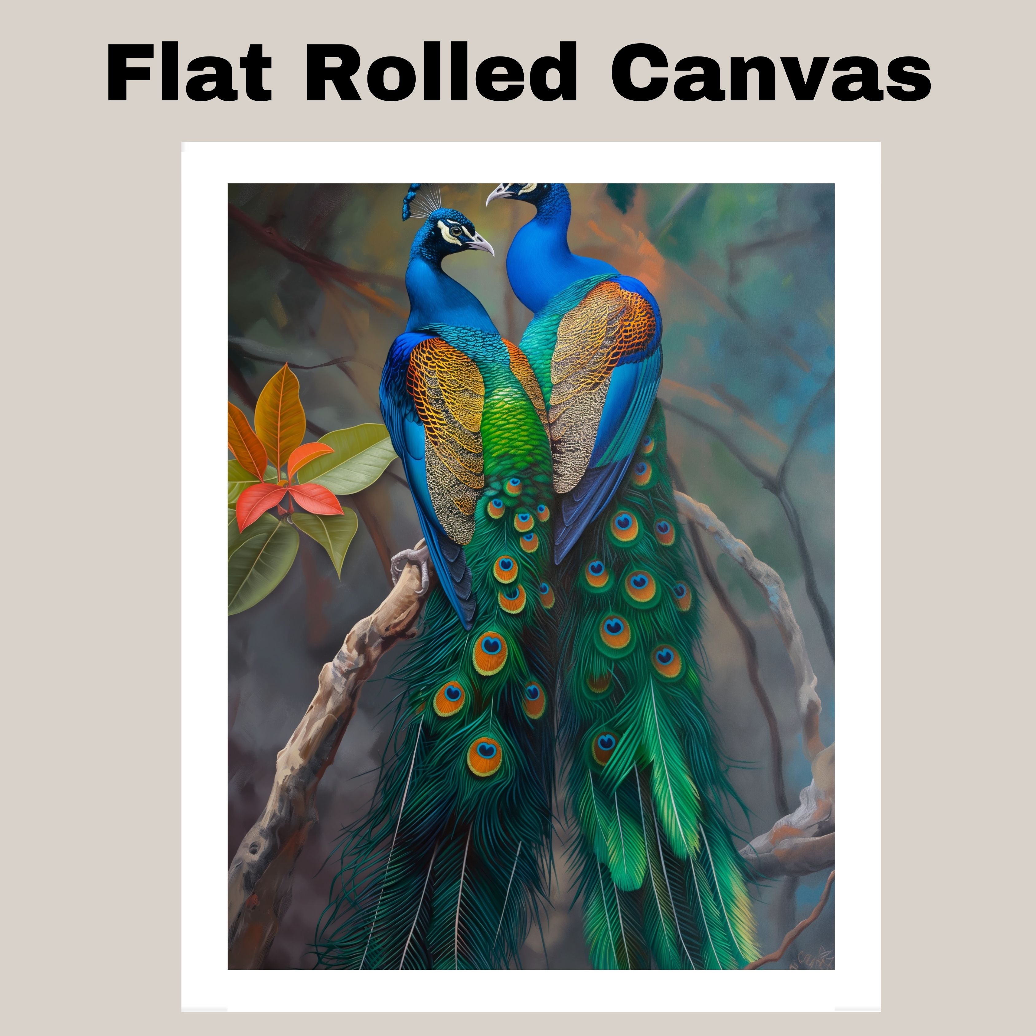 Elegant Peacock Pair Artwork Featuring Lush Green and Blue Feathers with Golden Accents Perched Gracefully Against a Soft Misty Forest Background on Ready to Hang 1.5" Thick Canvas Wrap, Floating Framed Canvas, Flat Rolled Canvas