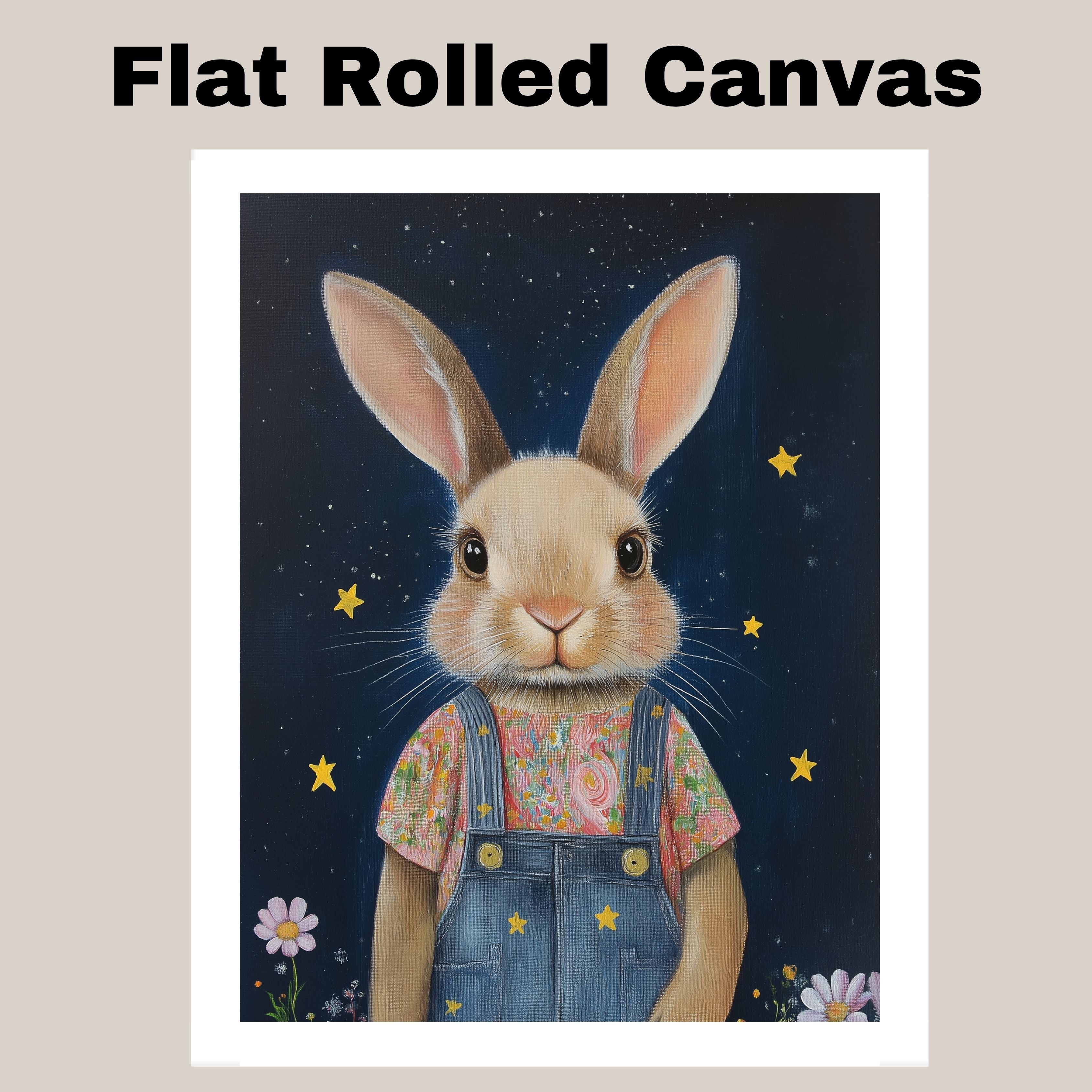Cute Bunny in Overalls with Floral Shirt Hand Painted Art Whimsical Starry Night Scene Perfect for Home Wall Decor Nursery Kids Room Bedroom or Gift on Ready to Hang 1.5" Thick Canvas Wrap, Floating Framed Canvas, Flat Rolled Canvas