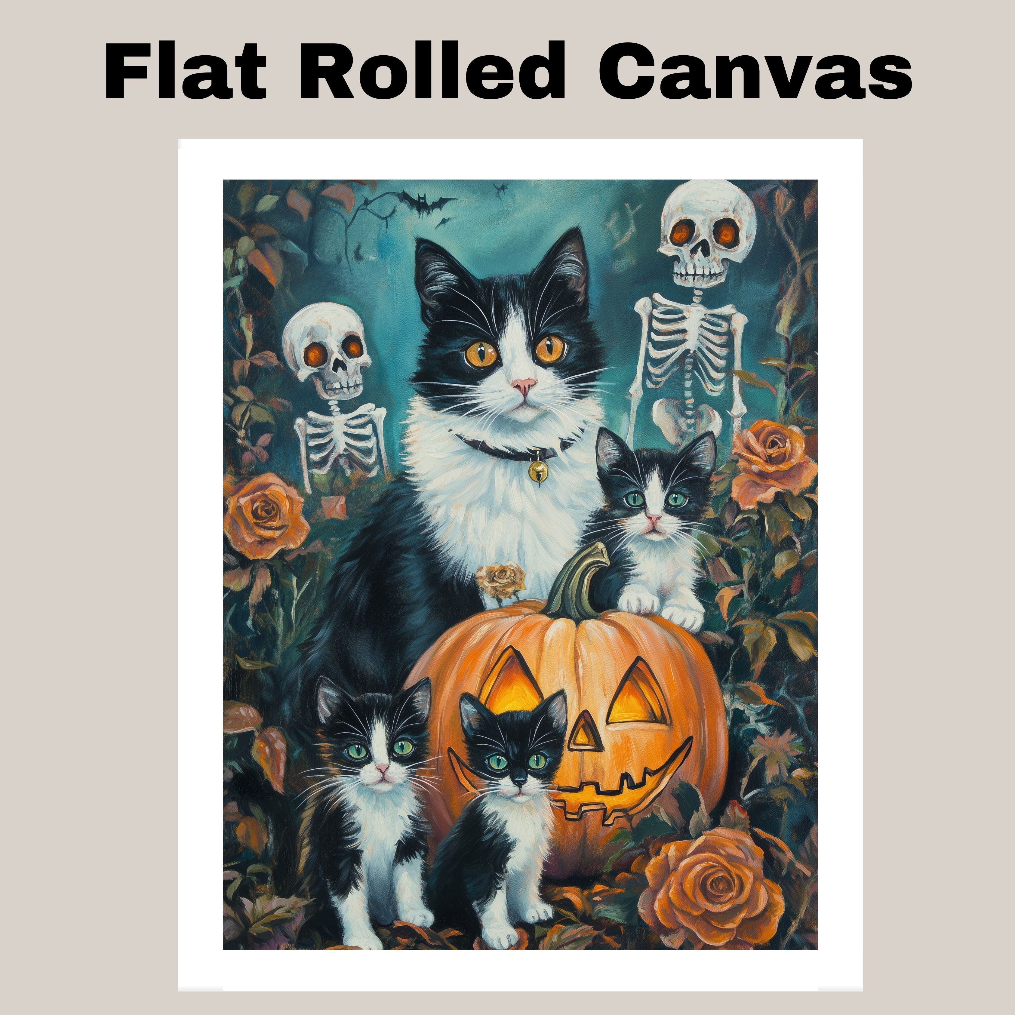 Haunting Whiskers: Tuxedo Cat Mom and Three Kittens in a Spooky Forest on Ready to Hang 1.5" Thick Canvas Wrap, Floating Framed Canvas, Flat Rolled Canvas