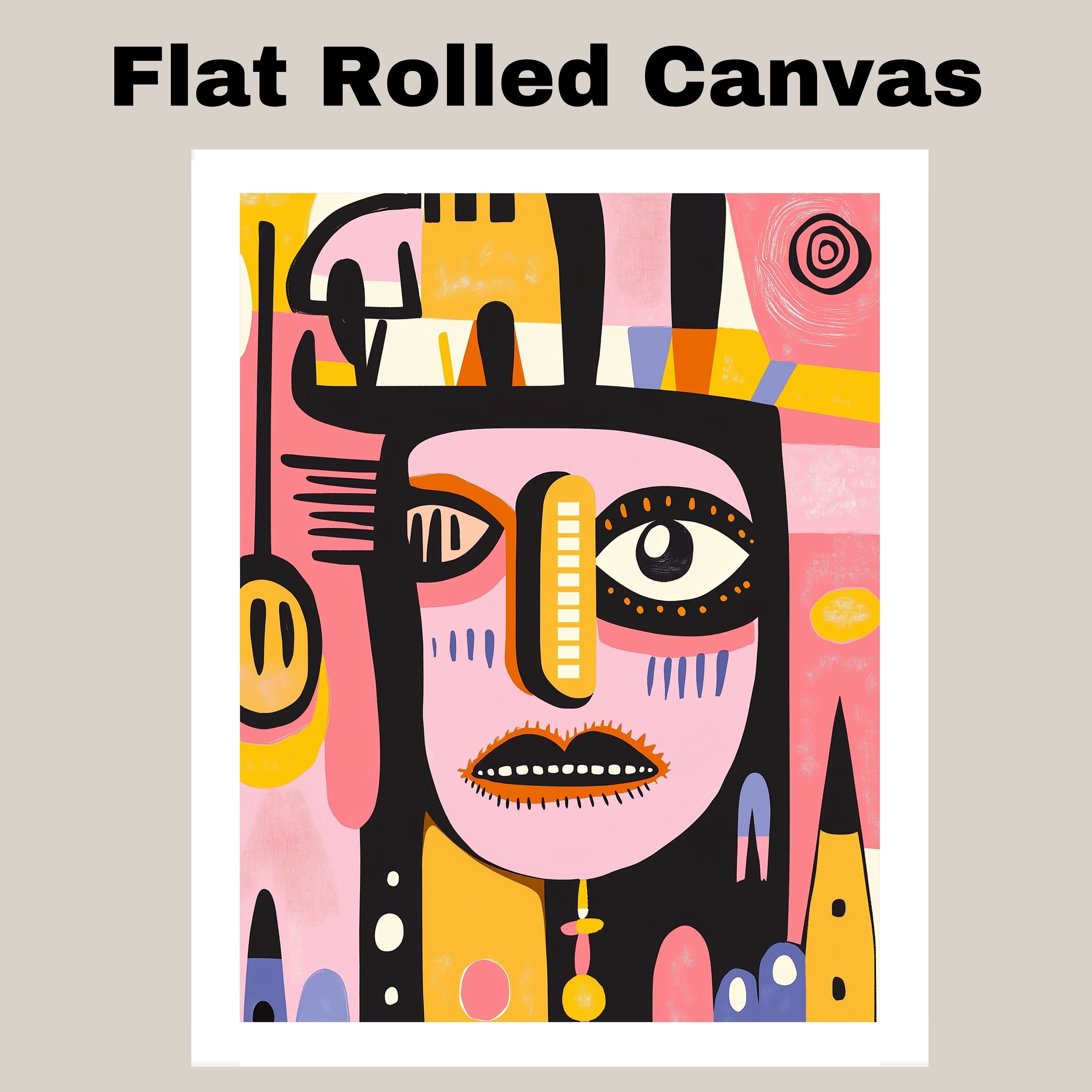 Bold Abstract Face Illustration with Pink and Yellow Tones in Mid-Century Modern and Tribal Pop Art Style on Ready to Hang 1.5" Thick Canvas Wrap, Floating Framed Canvas, Flat Rolled Canvas