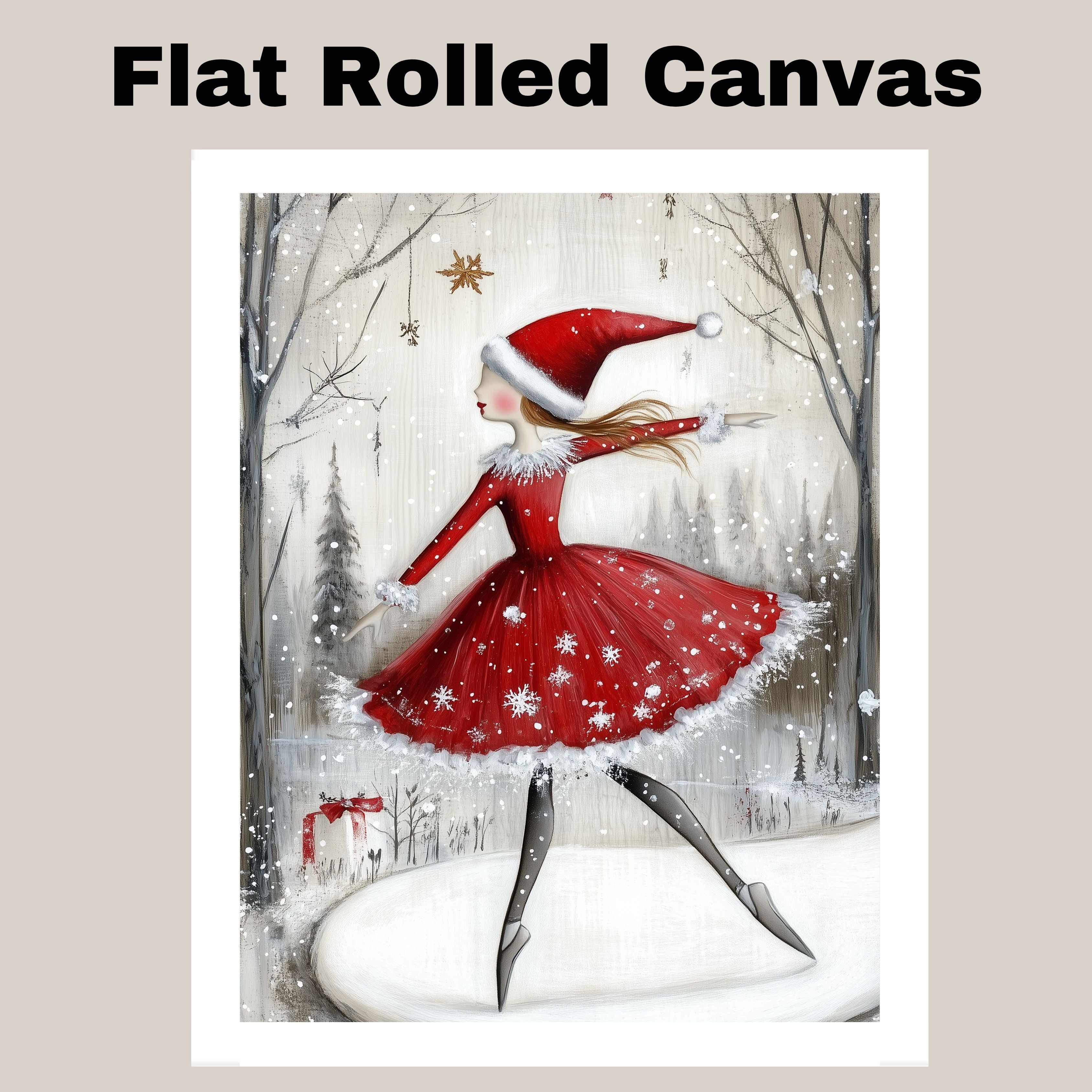 Christmas Wall Art Featuring Ballerina in Red Santa Dress Skating in Snowy Forest Enchanting Winter Holiday Artwork for Ballet Lovers and Festive Decor Enthusiasts on Ready to Hang 1.5" Thick Canvas Wrap, Floating Framed Canvas, Flat Rolled Canvas