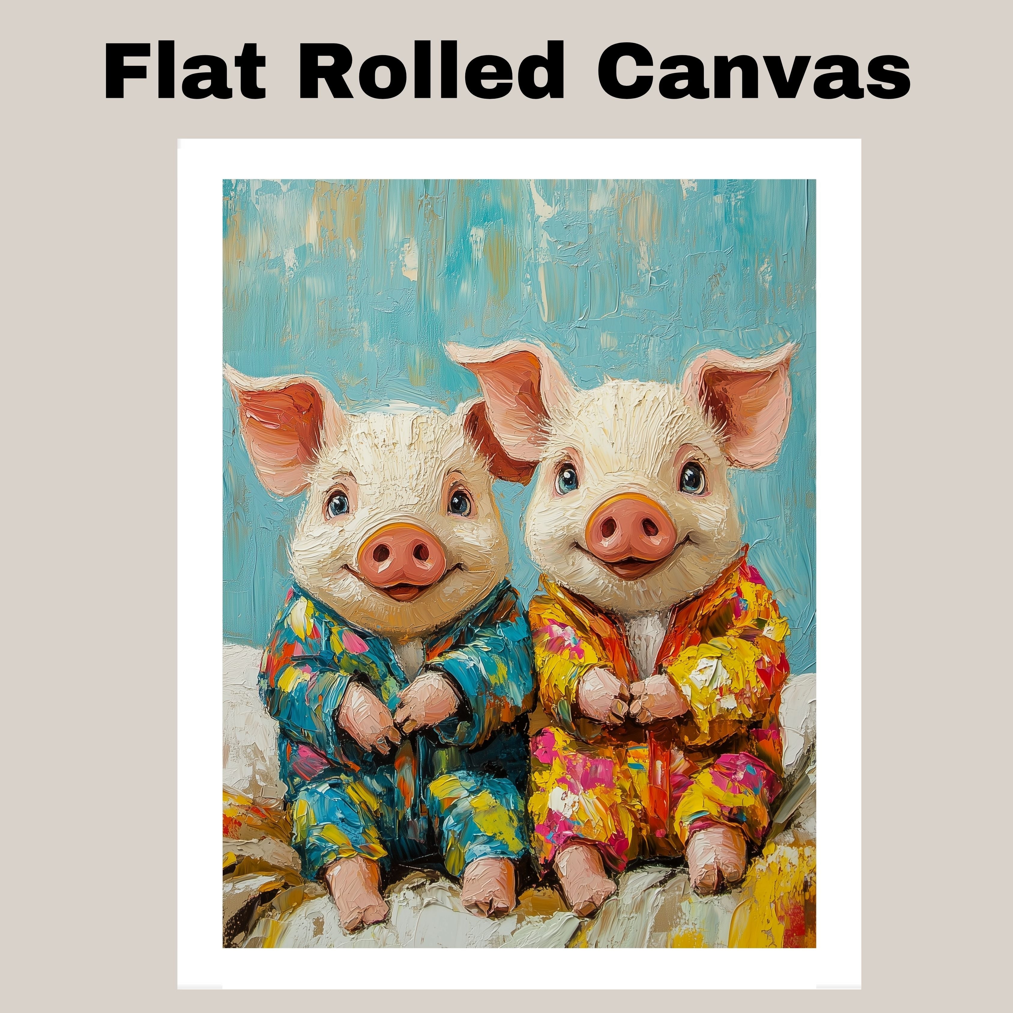 Joyful Painting of Two Cute Piglets in Bright Floral Pajamas Sitting Happily with Playful Expressions in a Textured Whimsical Style on Ready to Hang 1.5" Thick Canvas Wrap, Floating Framed Canvas, Flat Rolled Canvas