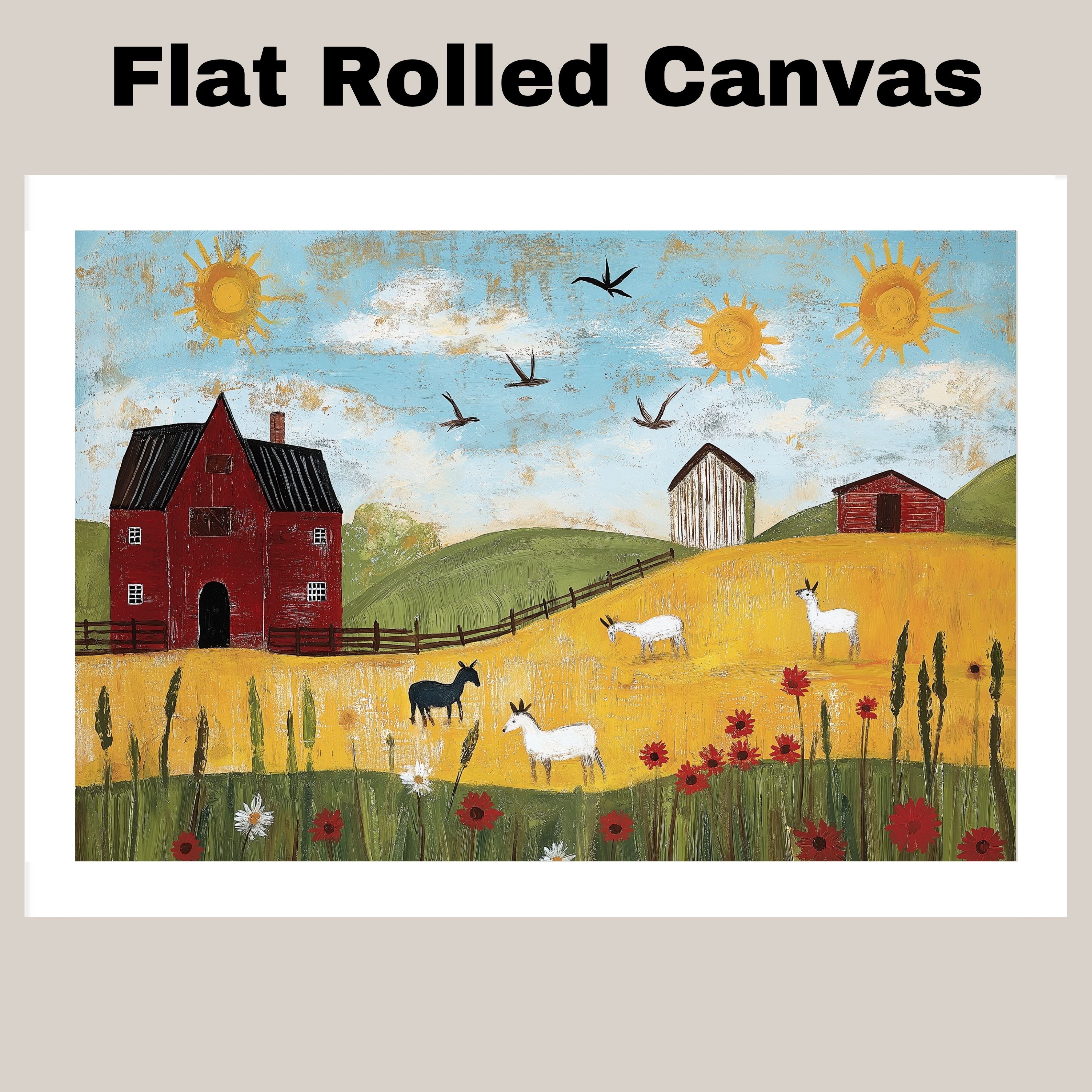 Farm Folk Art Print Featuring Red Barn Goats Sunny Hillside and Wildflowers Hand Painted Country Landscape Illustration for Rustic Wall Decor or Gift Idea on Ready to Hang 1.5" Thick Canvas Wrap, Floating Framed Canvas, Flat Rolled Canvas