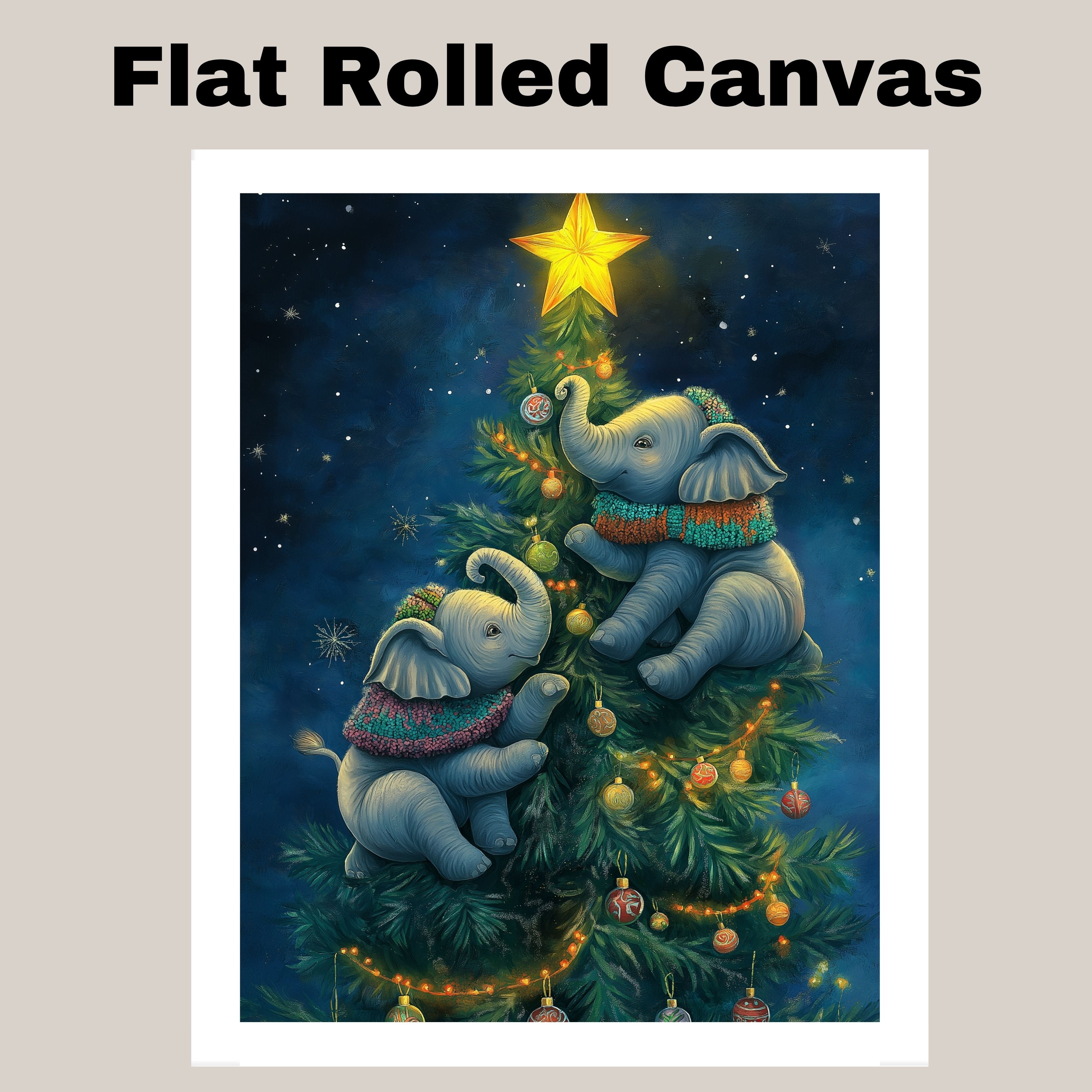 Christmas Baby Elephants Climbing Tree with Ornaments and Star in Cozy Sweaters Under a Starry Sky Holiday Art Print for Kids Room or Seasonal Decor on Ready to Hang 1.5" Thick Canvas Wrap, Floating Framed Canvas, Flat Rolled Canvas
