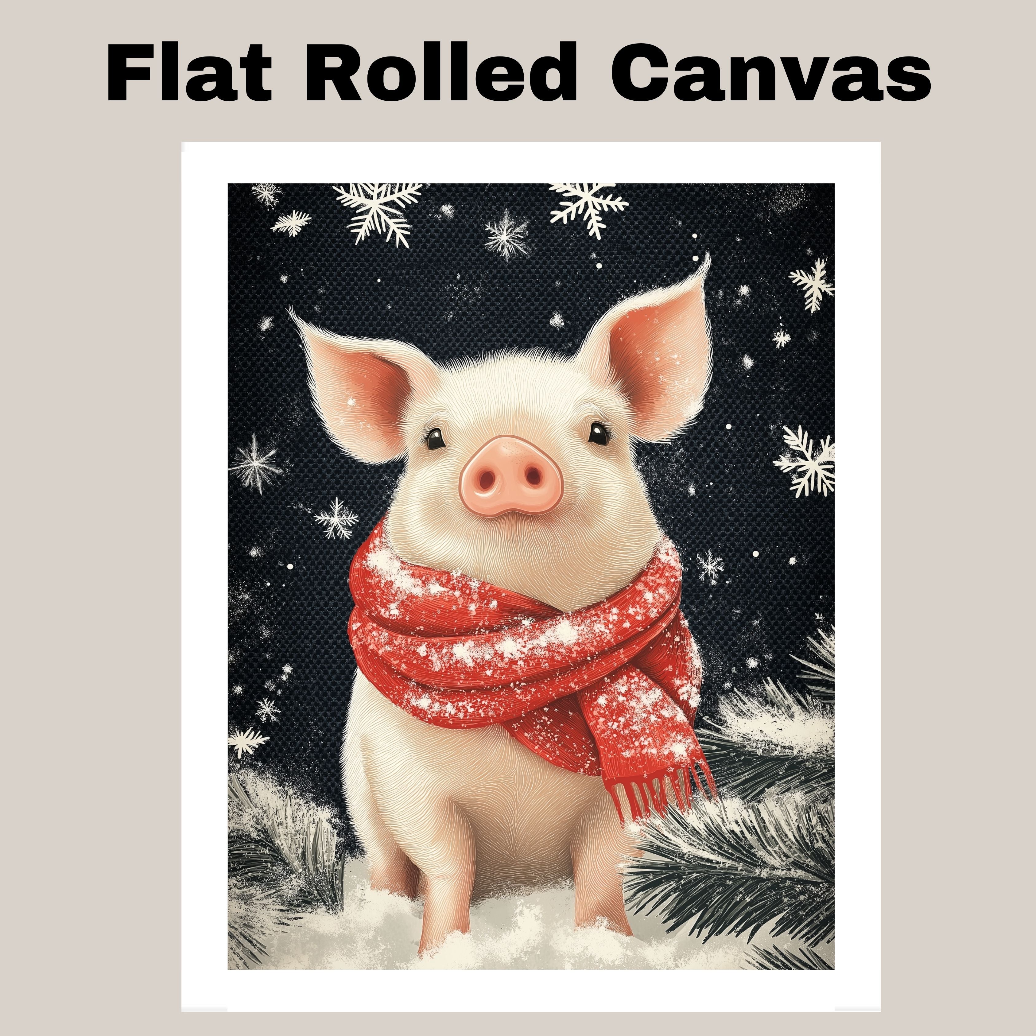 "Winter Cuddle Pig" - Pig in Red Scarf Cozy in Snow on Ready to Hang 1.5" Thick Canvas Wrap, Floating Framed Canvas, Flat Rolled Canvas