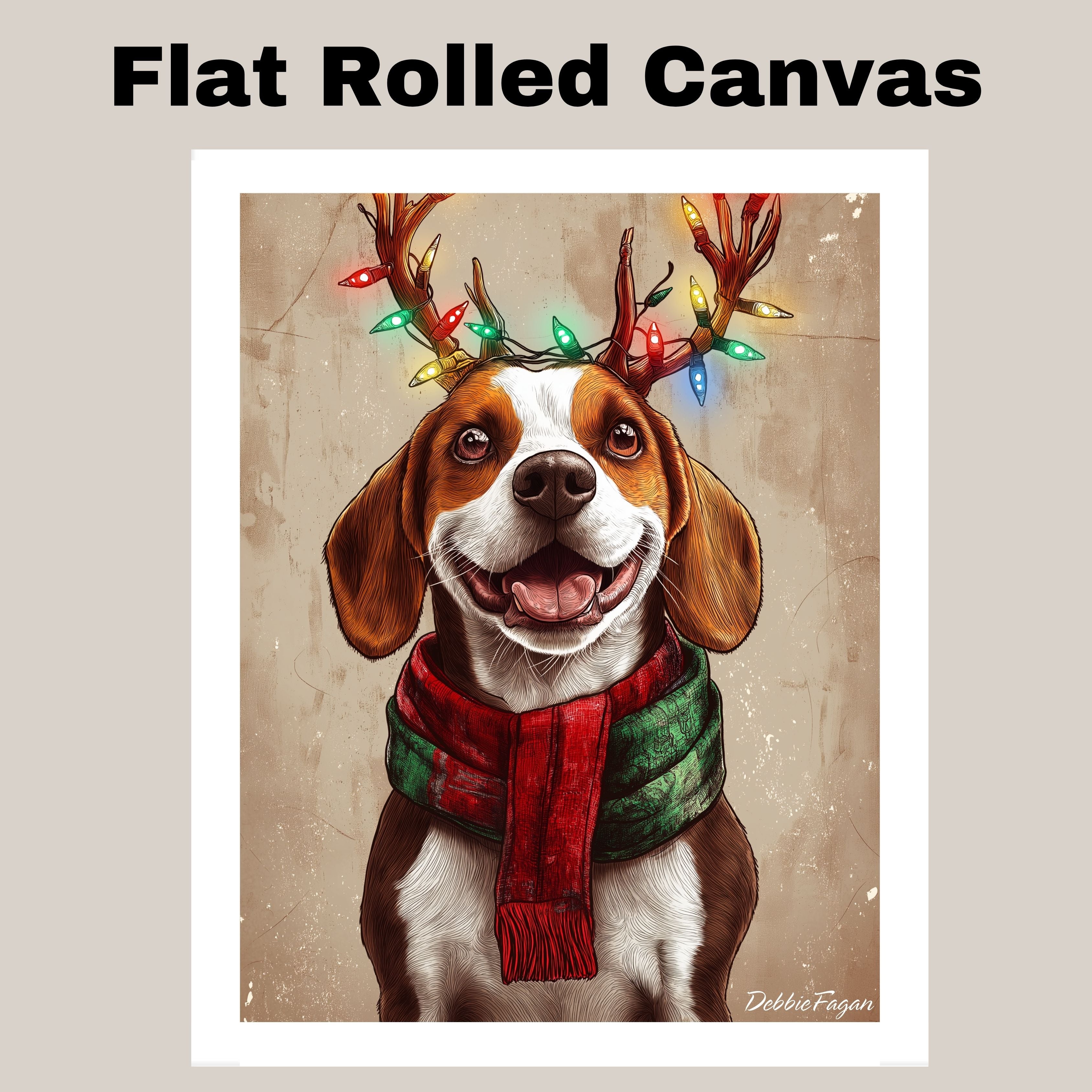 Beagle Holiday Joy - 'Rustic Reindeer' - Beagle Dog with Lighted Antlers & Cozy Scarf on Rustic Background, Ready to Hang 1.5" Thick Canvas Wrap, Floating Framed Canvas, Flat Rolled Canvas