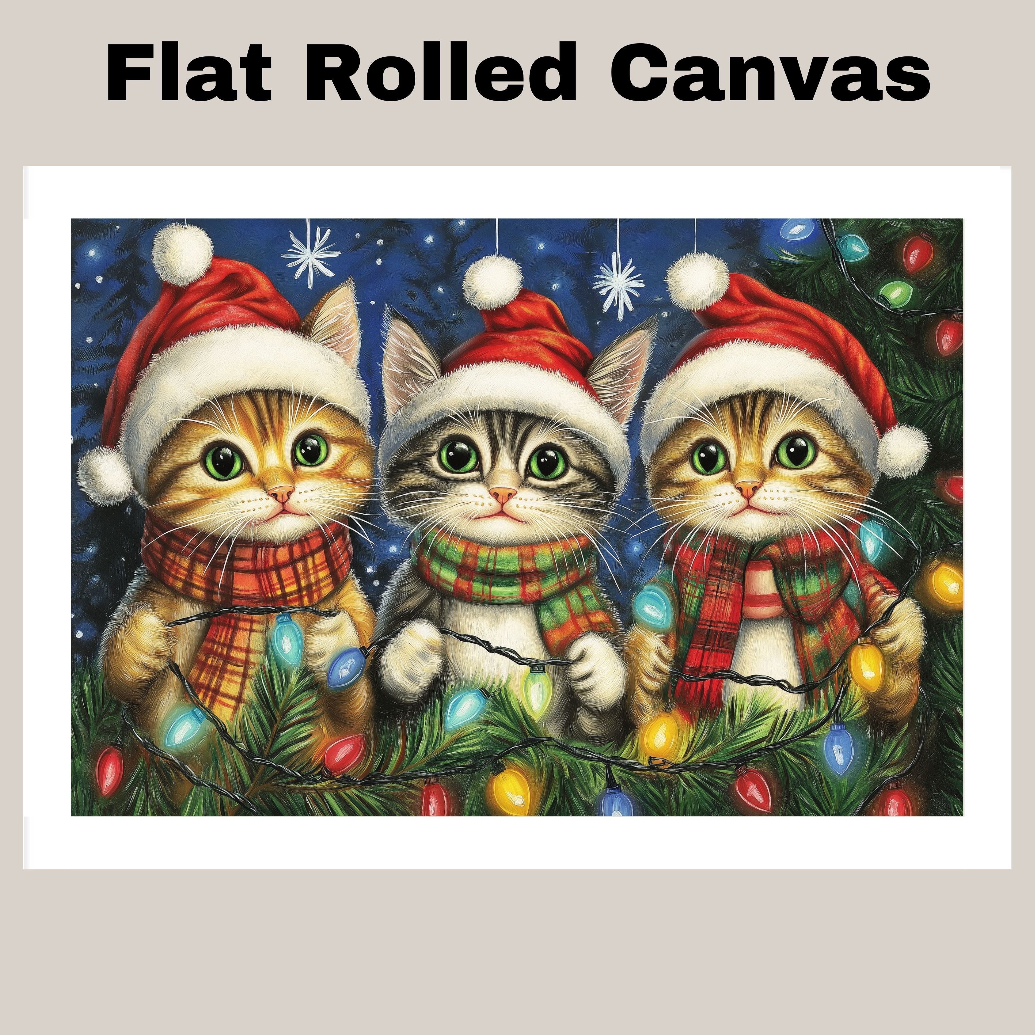 Christmas Kitten Art Print with Three Cute Cats in Santa Hats and Scarves Hand Drawn Holiday Cat Illustration for Festive Gift or Cozy Winter Home Decor on Ready to Hang 1.5" Thick Canvas Wrap, Floating Framed Canvas, Flat Rolled Canvas