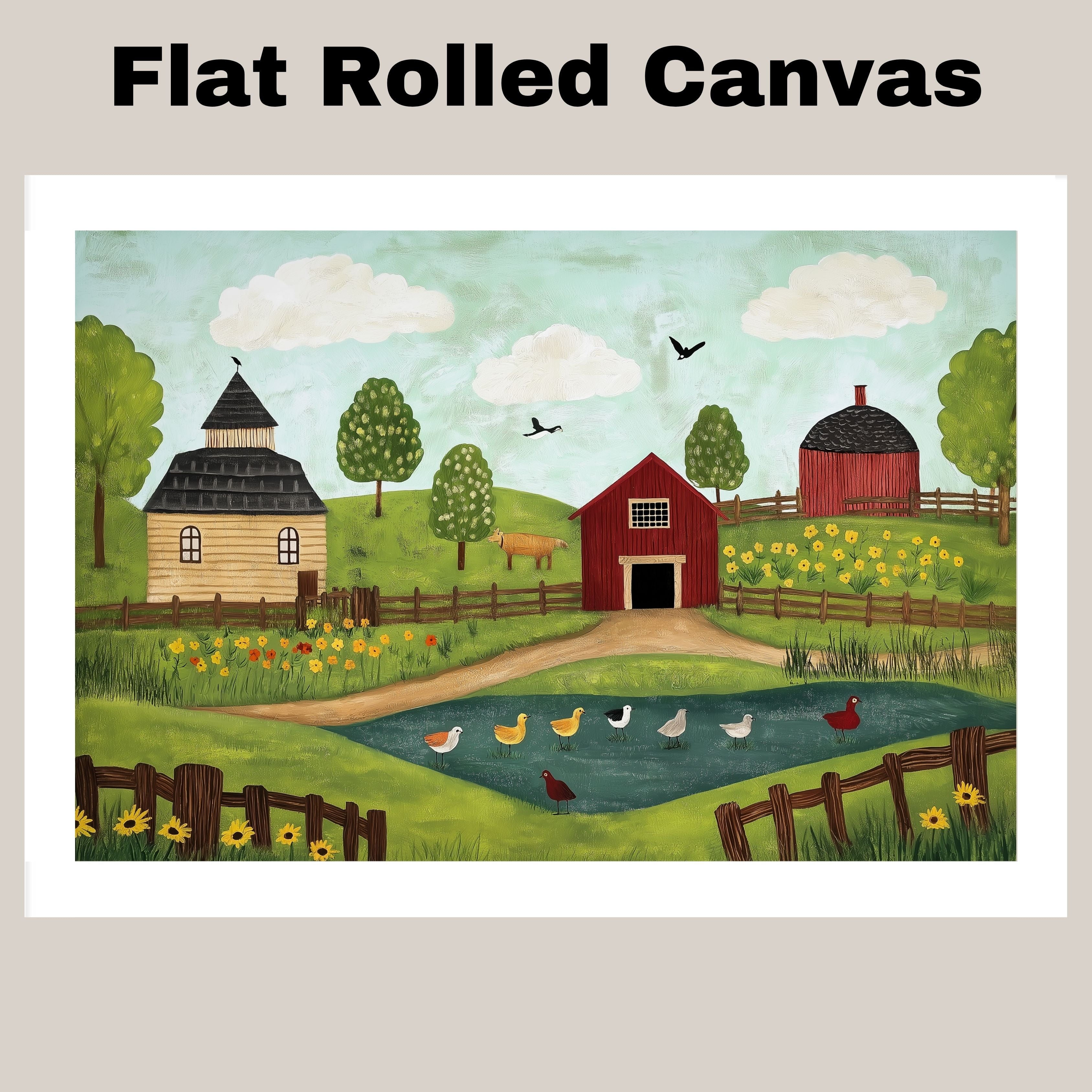 Whimsical Farm Folk Art Print with Red Barn Ducks and Flowers Hand Drawn Country Scene Illustration for Rustic Kitchen Wall Decor or Charming Gift Idea on Ready to Hang 1.5" Thick Canvas Wrap, Floating Framed Canvas, Flat Rolled Canvas