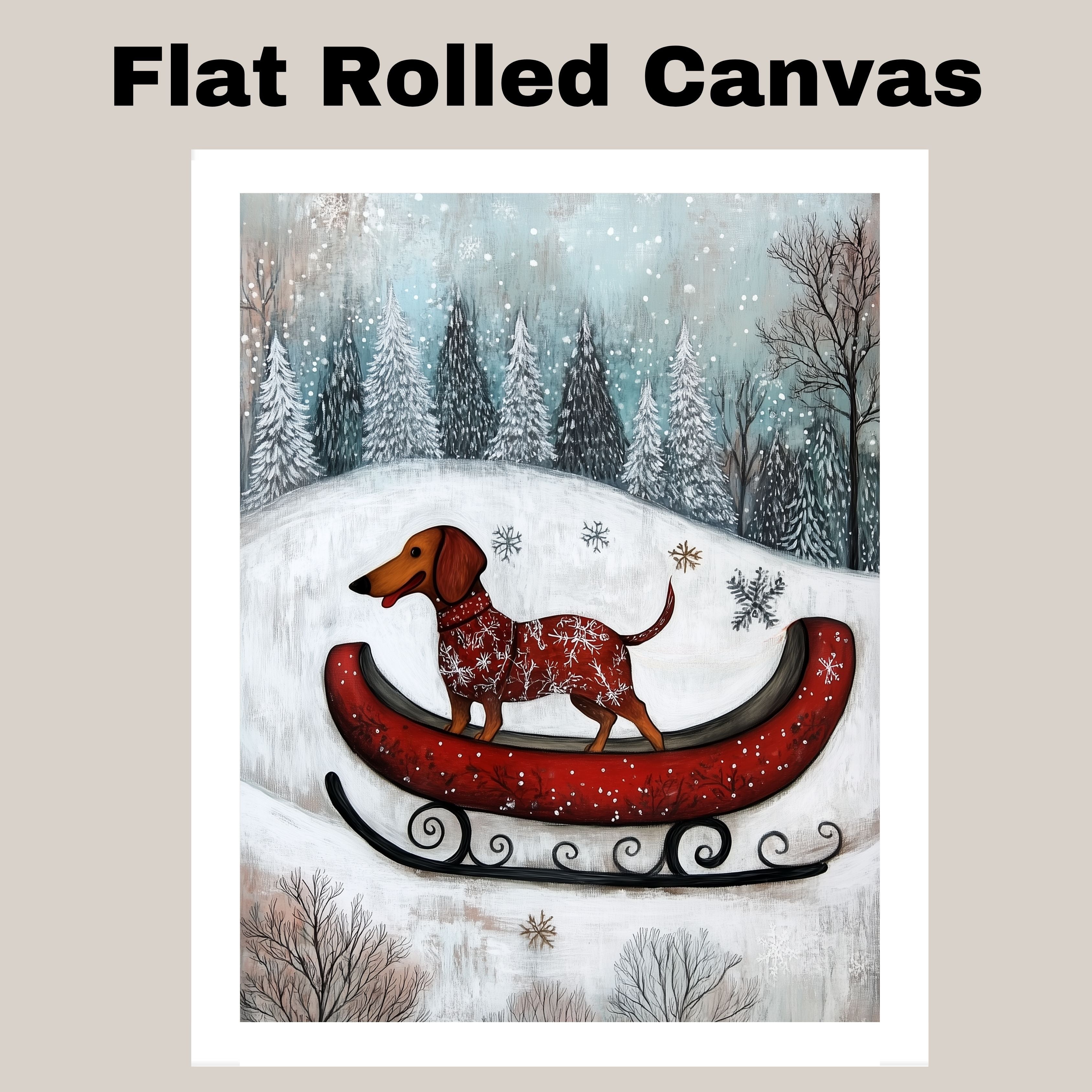 Festive Dachshund in Red Sleigh Winter Wonderland Art Whimsical Christmas Dog Illustration in Snowy Forest Scene for Holiday Pet Lovers and Seasonal Décor on Ready to Hang 1.5" Thick Canvas Wrap, Floating Framed Canvas, Flat Rolled Canvas